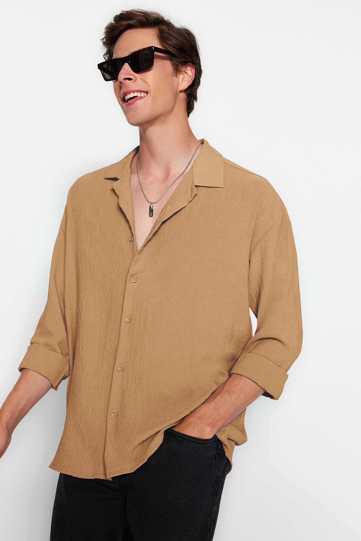Trendyol Collection-Mink Oversize Fit Apache Límec Letní Lněná košile Tmnss23Go00053 5
