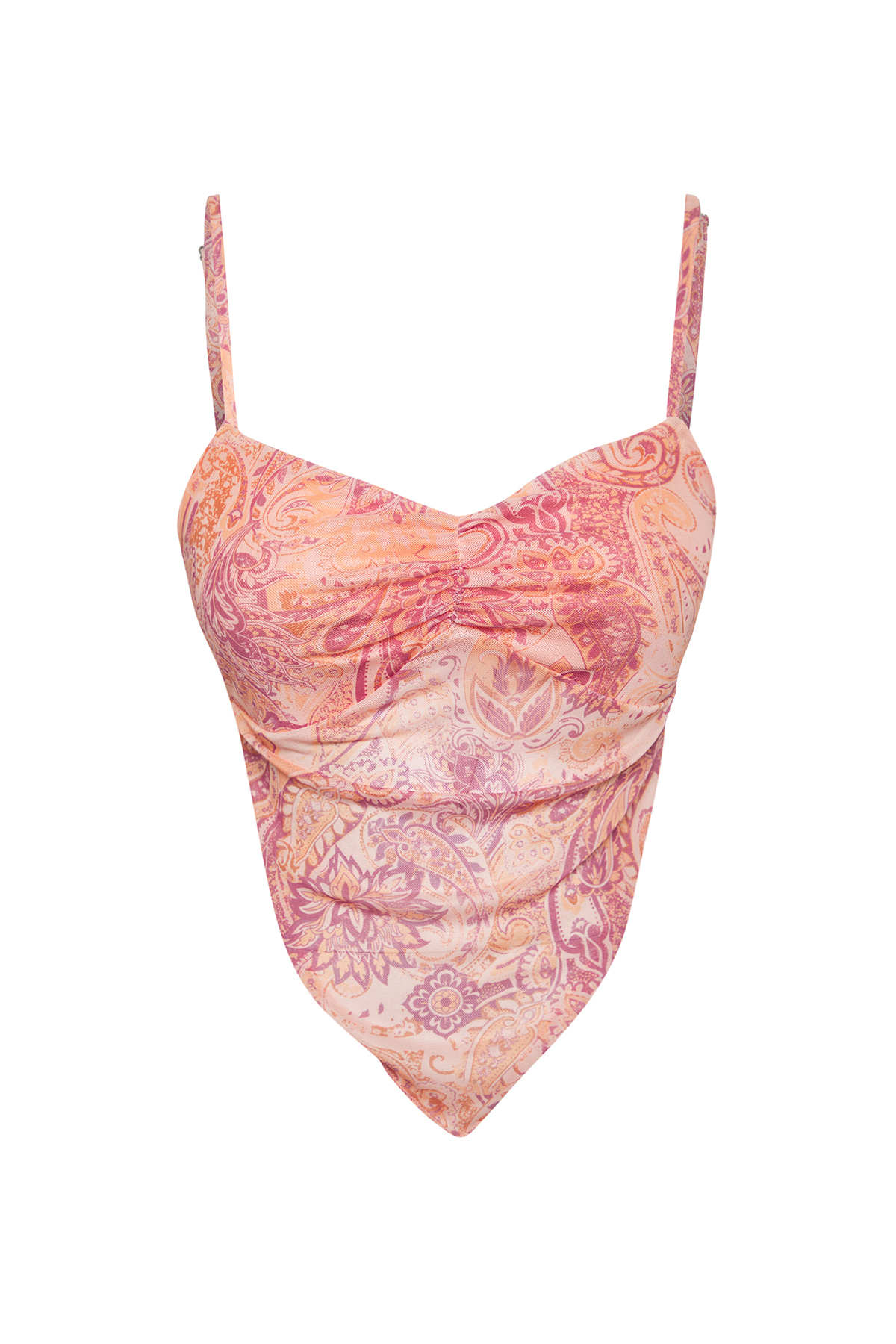 Trendyolmilla  Pembe Baskılı Sırtı Çapraz Askılı Asimetrik Etek Uçlu Tül Örme Bluz TWOSS23BZ00566 - Görsel 5