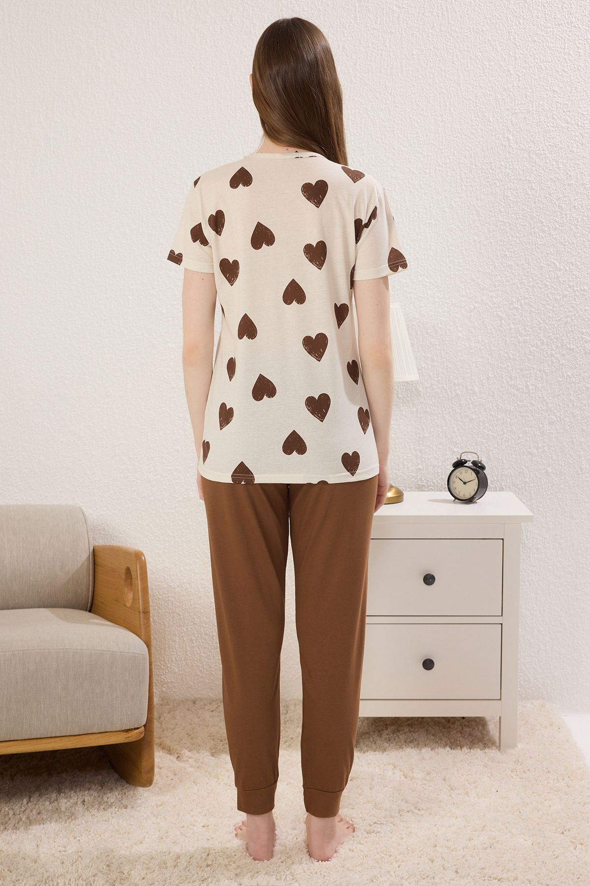 Trendyol Collection-Brown-Multicolor Heart Single Jersey Knitted Pajamas Set Thmss25Pt00383 4