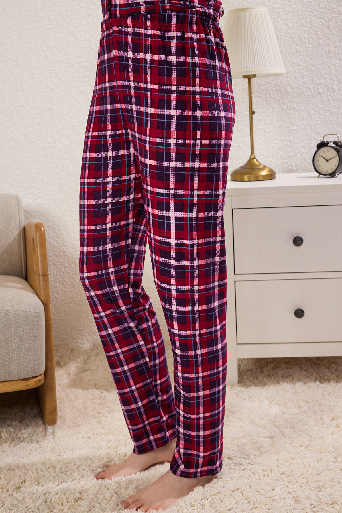 Trendyol Collection-Weicher und gebürsteter, weinrot karierter Pyjama - Sleep Band Thmaw24pt00100 3
