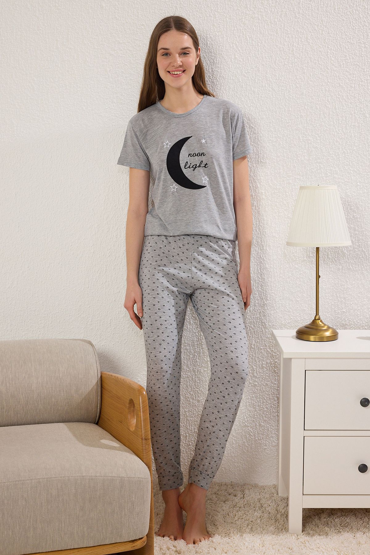 Trendyol Collection-Σετ Πιτζάμες Πλεκτές Πιτζάμες Γκρι Melange Galaxy Single Jersey THMSS25PT00385 2