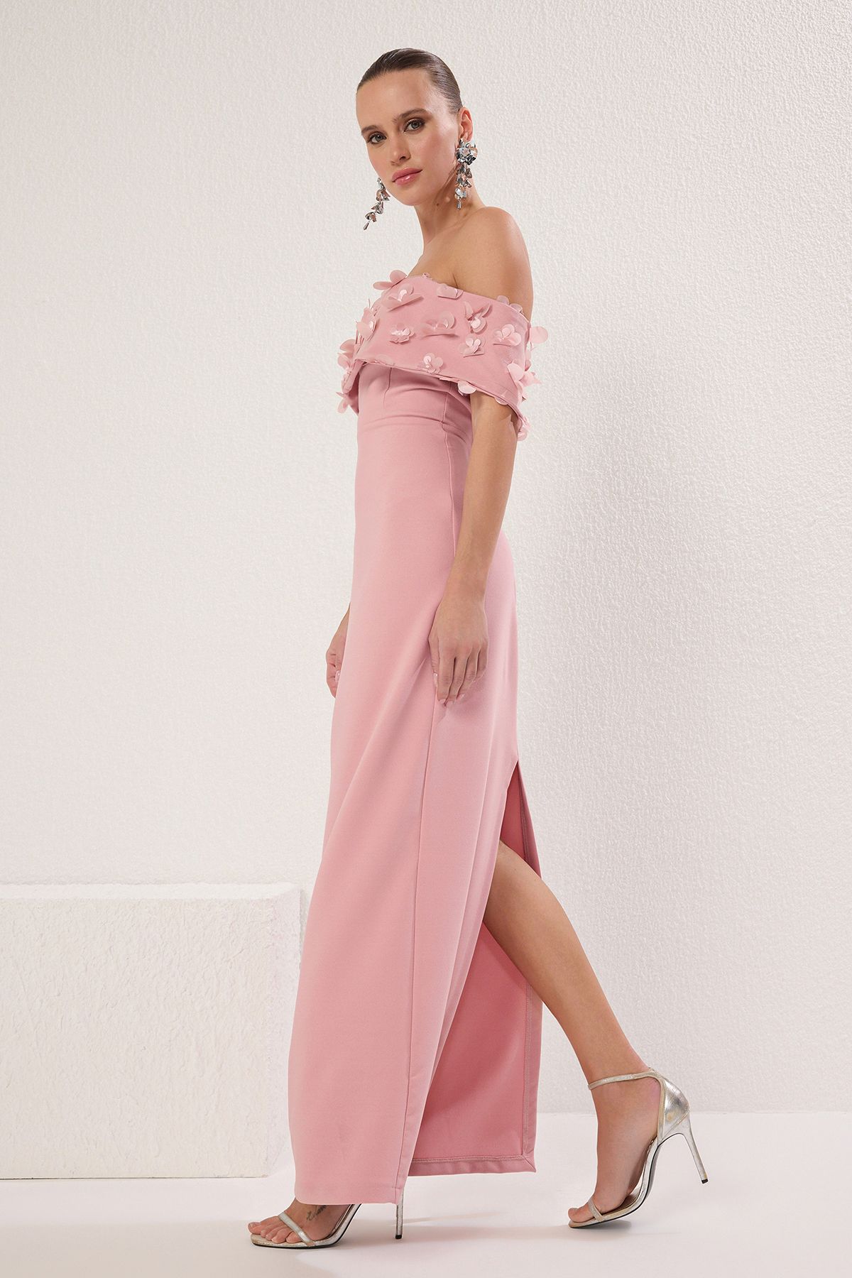 Trendyol Collection-Rose Dry Carmen Kragen Blumenapplikation & Talebe Kleid Lang Stilvoll Chic TPRSS25AE00107 4