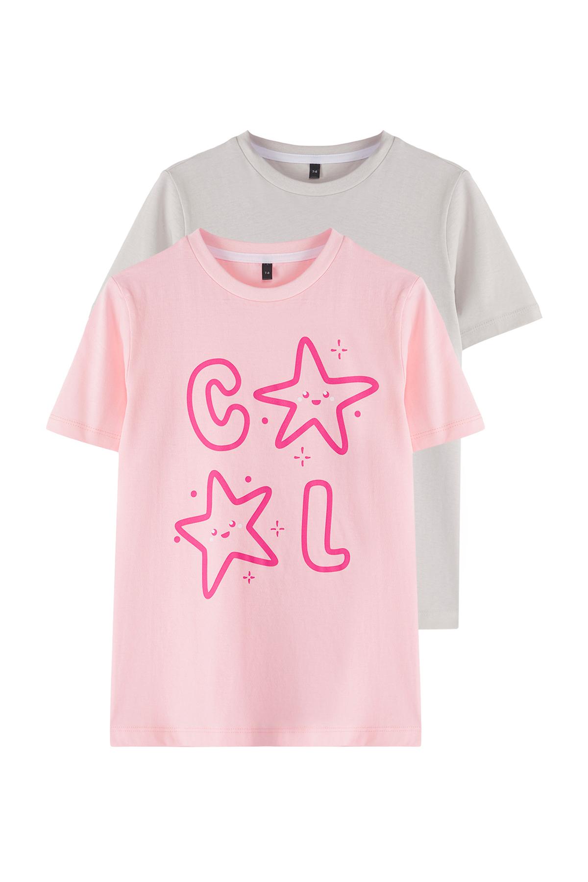 Trendyolmilla Kids Taş-Pembe 2'li Kız Çocuk %100 Pamuk Slogan Baskılı Kısa Kol Örme T-Shirt TKDSS25TS00013