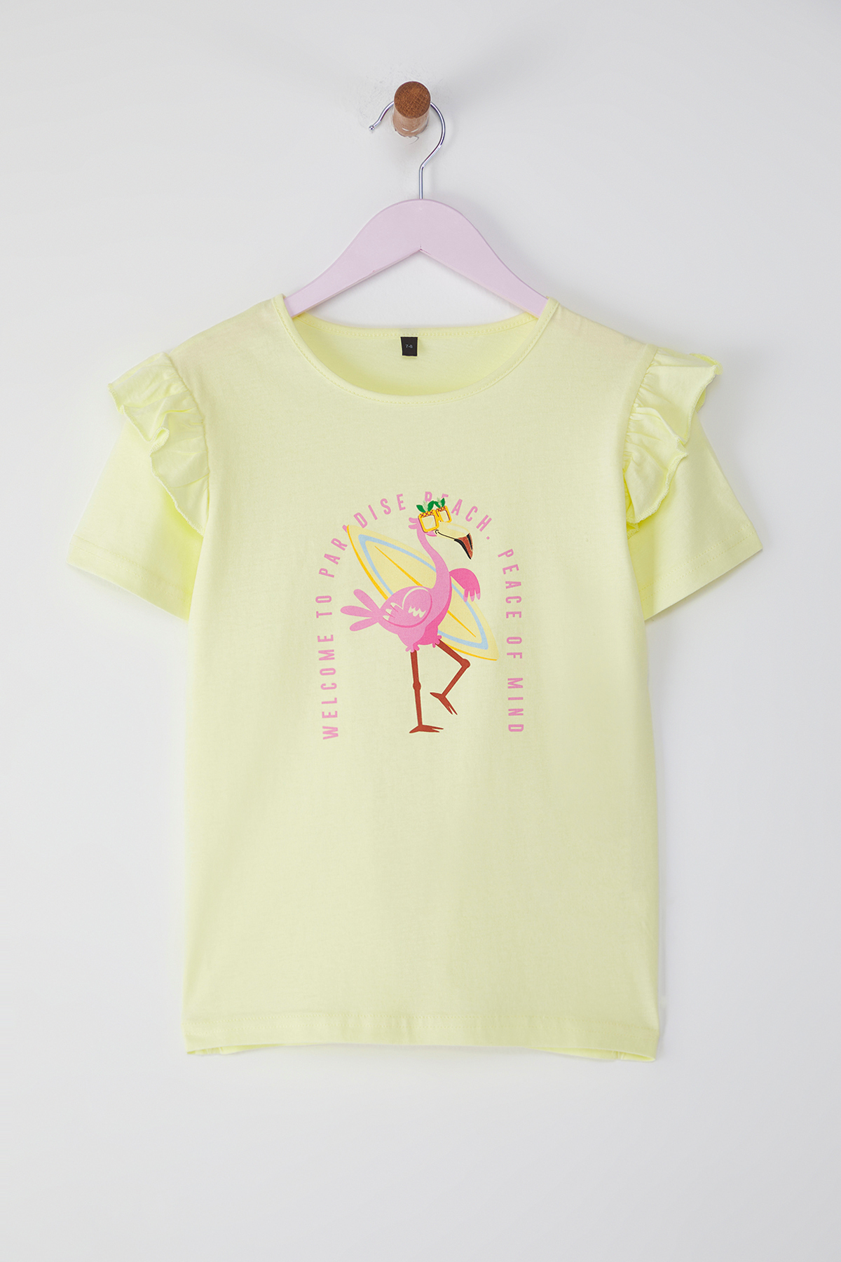 Trendyolmilla Kids Sarı Kız Çocuk %100 Pamuk Flamingo Baskılı Kısa Kol Örme T-Shirt TKDSS25TS00061