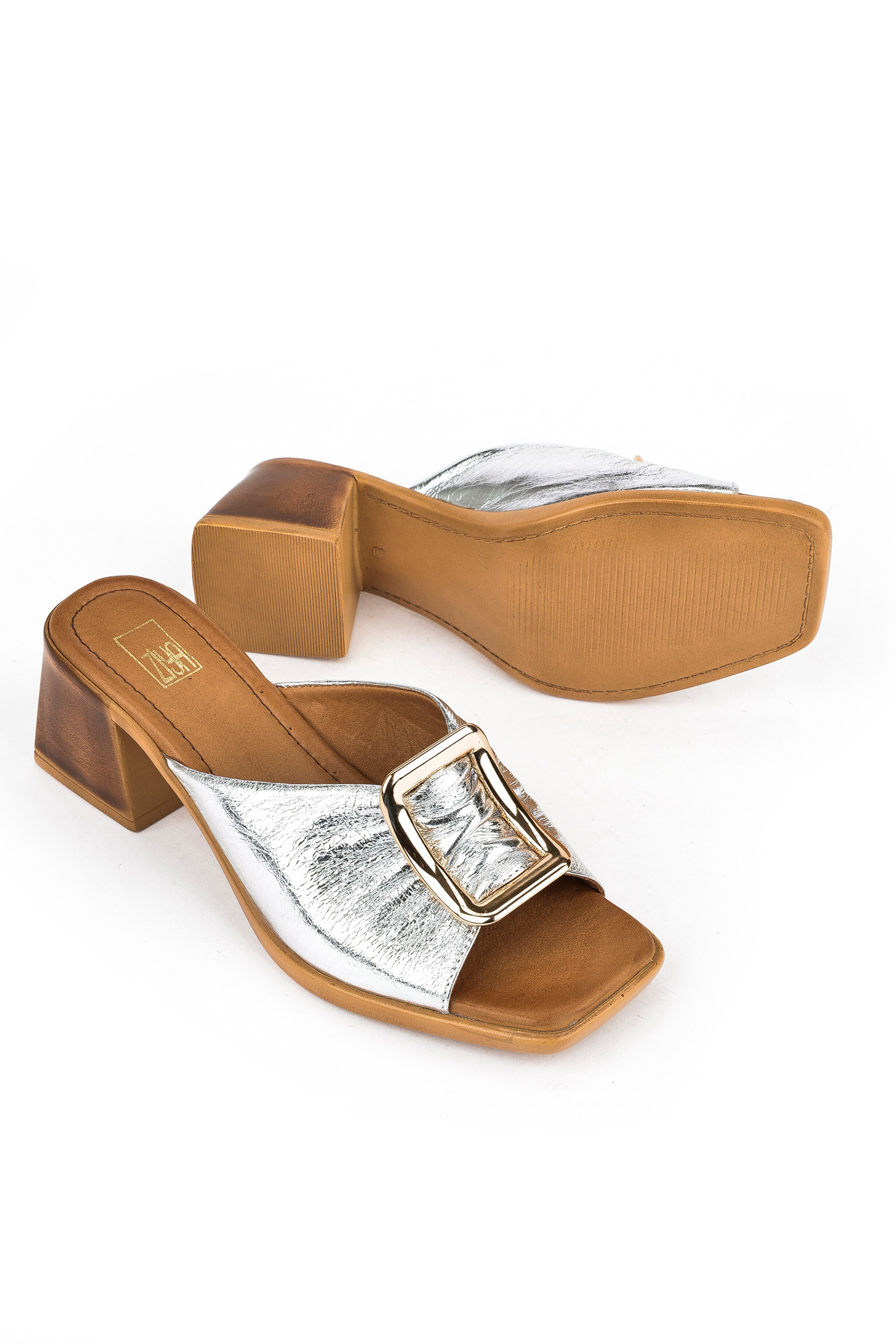 Ziya-Women's Genuine Leather Heeled Slippers 151992 Z19008 Silver 4