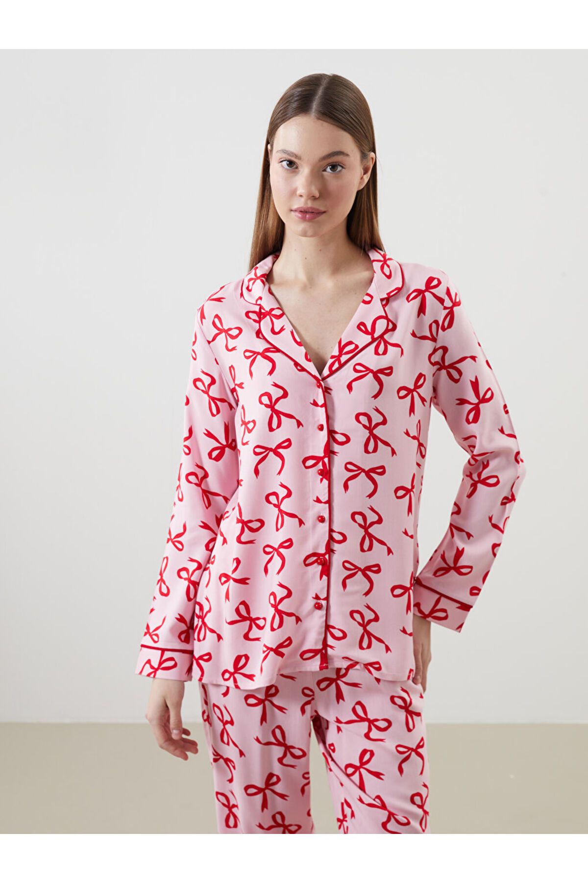 LC Waikiki-Lcw Dream Pink Shirt Collar Print Women's Pajamas Set 2