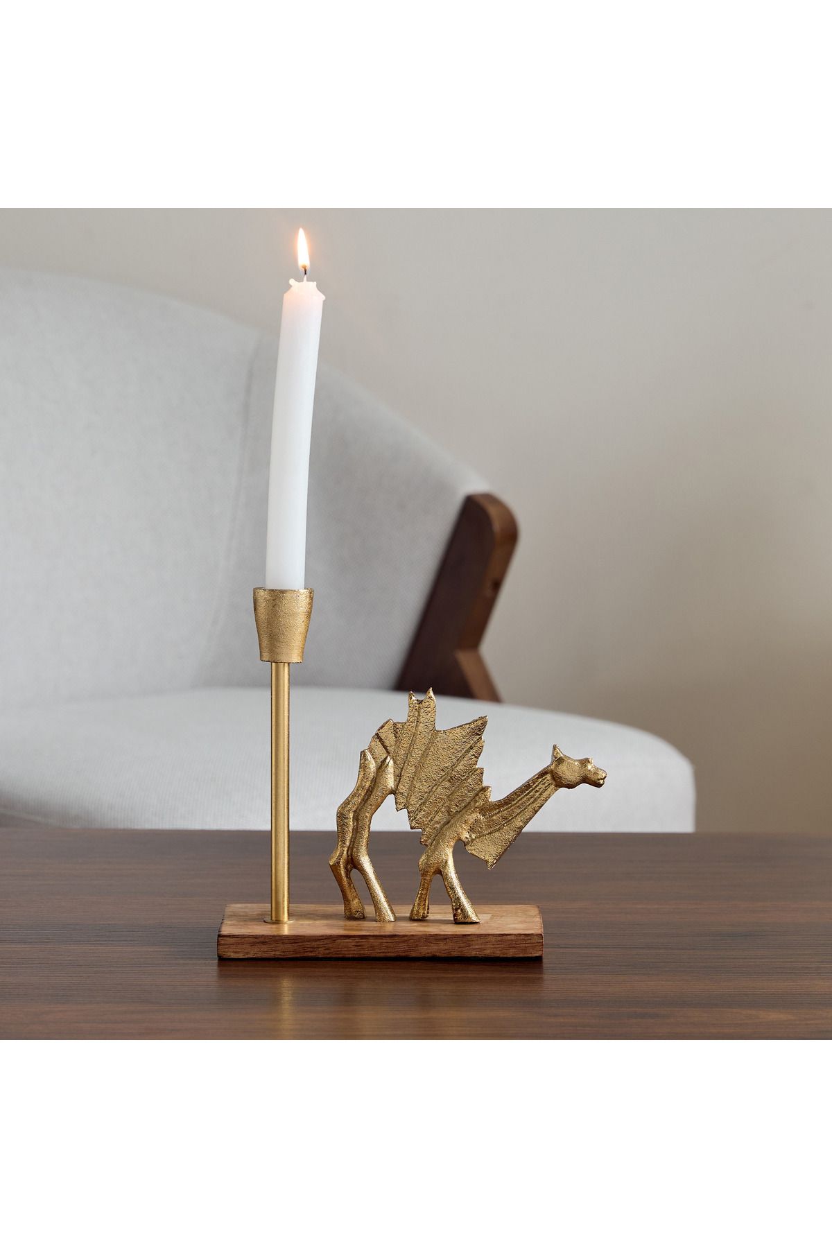 erorex-Rayon Aluminium Camel Taper Candleholder with Wooden Base - 21x8x18.5 cm 1