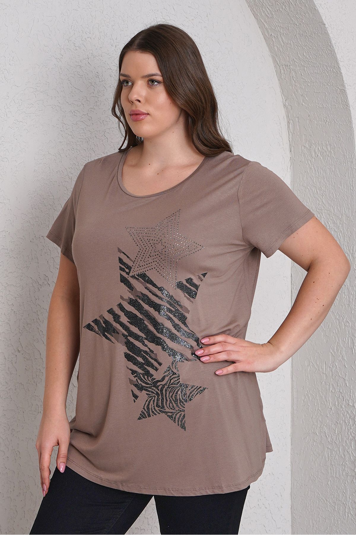 Büyük Moda-Stone and Star Printed Combed Cotton Tee Shirt 3