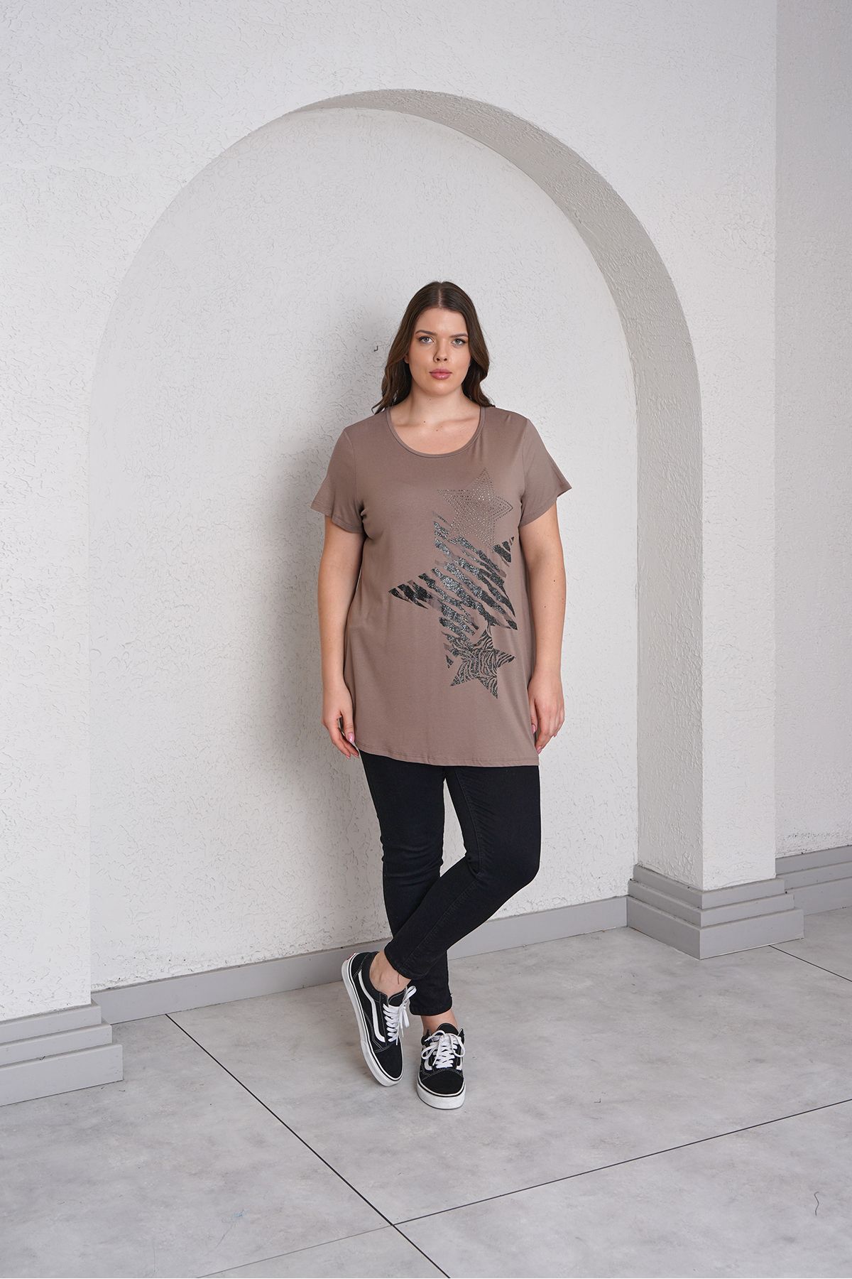 Büyük Moda-Stone and Star Printed Combed Cotton Tee Shirt 2