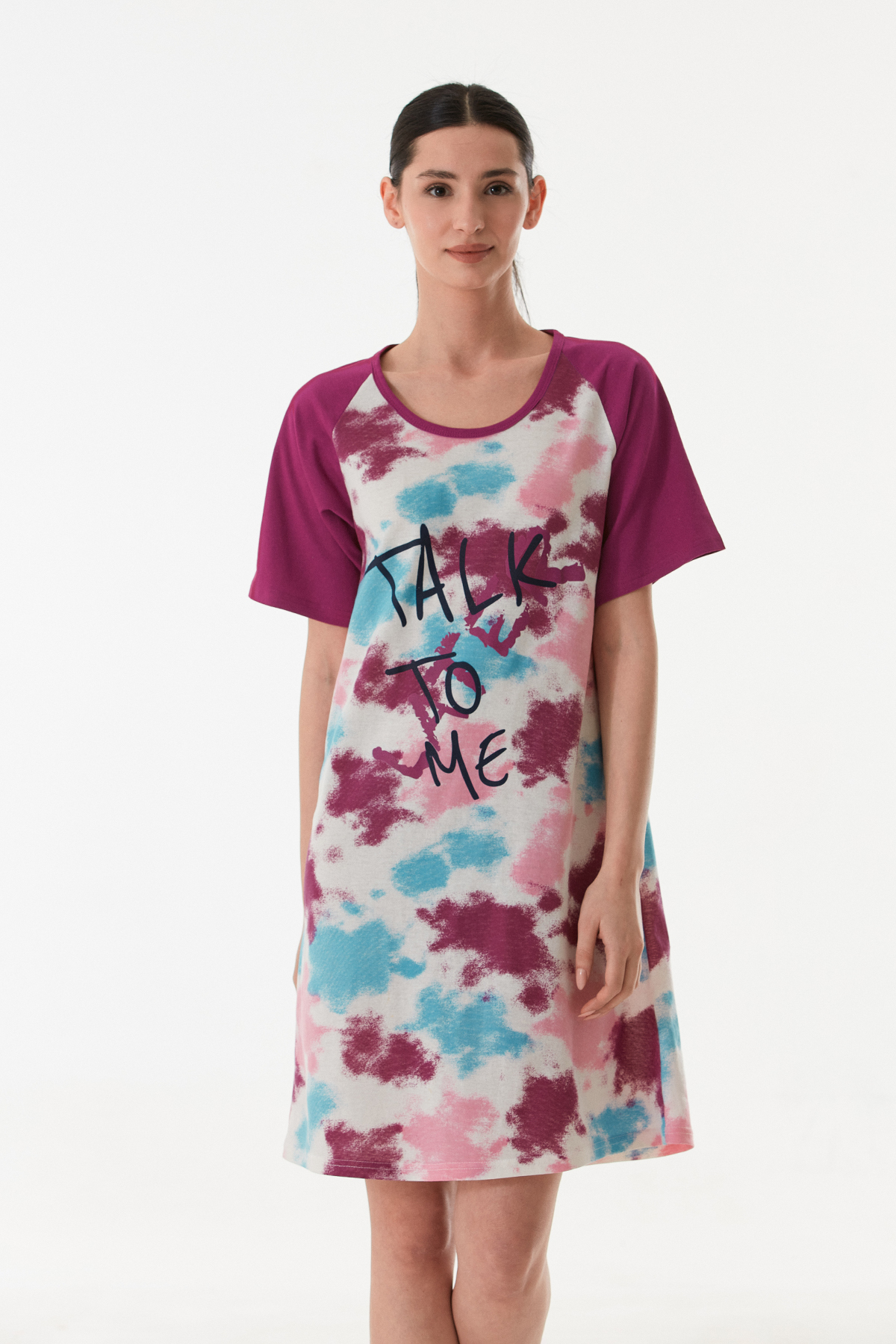 CALİA Kadın Batik Baskılı Yarım Kol Boydan Elbise Gecelik Pamuklu Kumaş