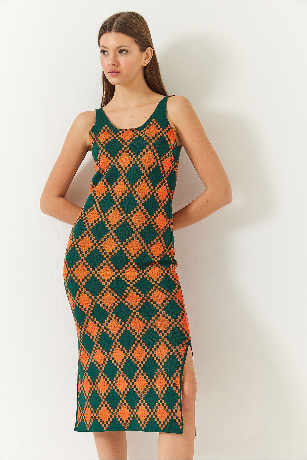 Bianco Lucci-Damen-Jacquardkleid mit Schlitz und detaillierten Trägern 60261403 4