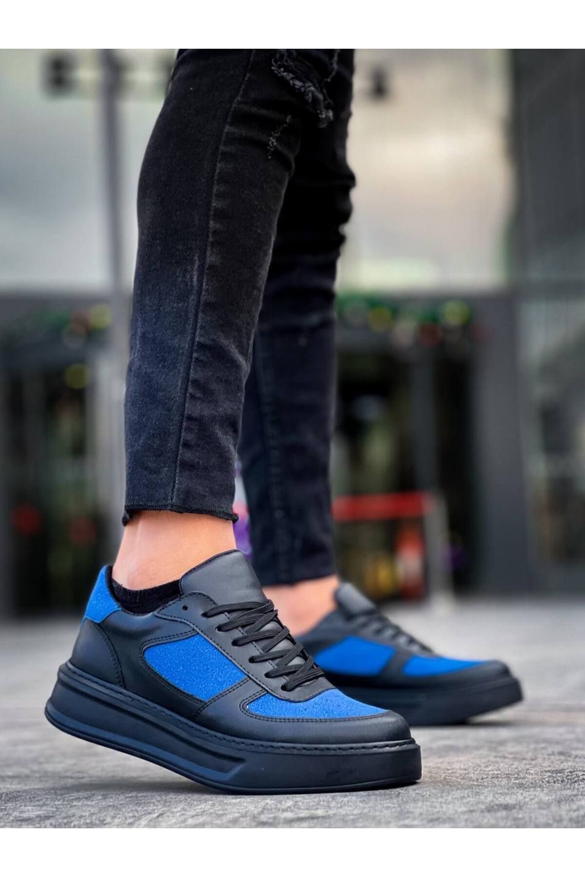 BOA-Kb-X8 Black Skin Blue Suede Detailed Black High Sole Casual Sneakers 2