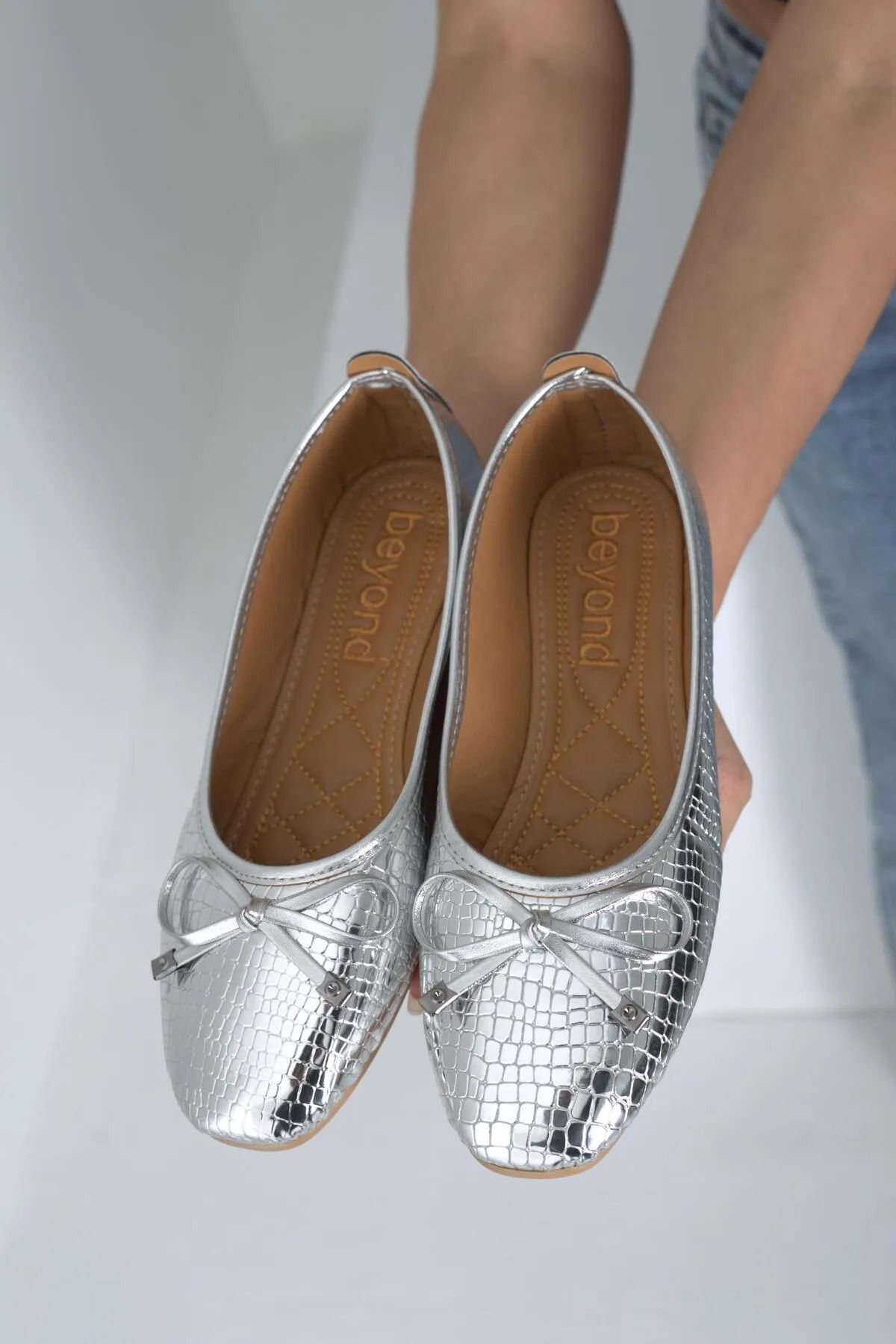 eformoda by emre yılmaz-Pantofi de damă argintii, confortabili, casual, clasici, balerini B34 3