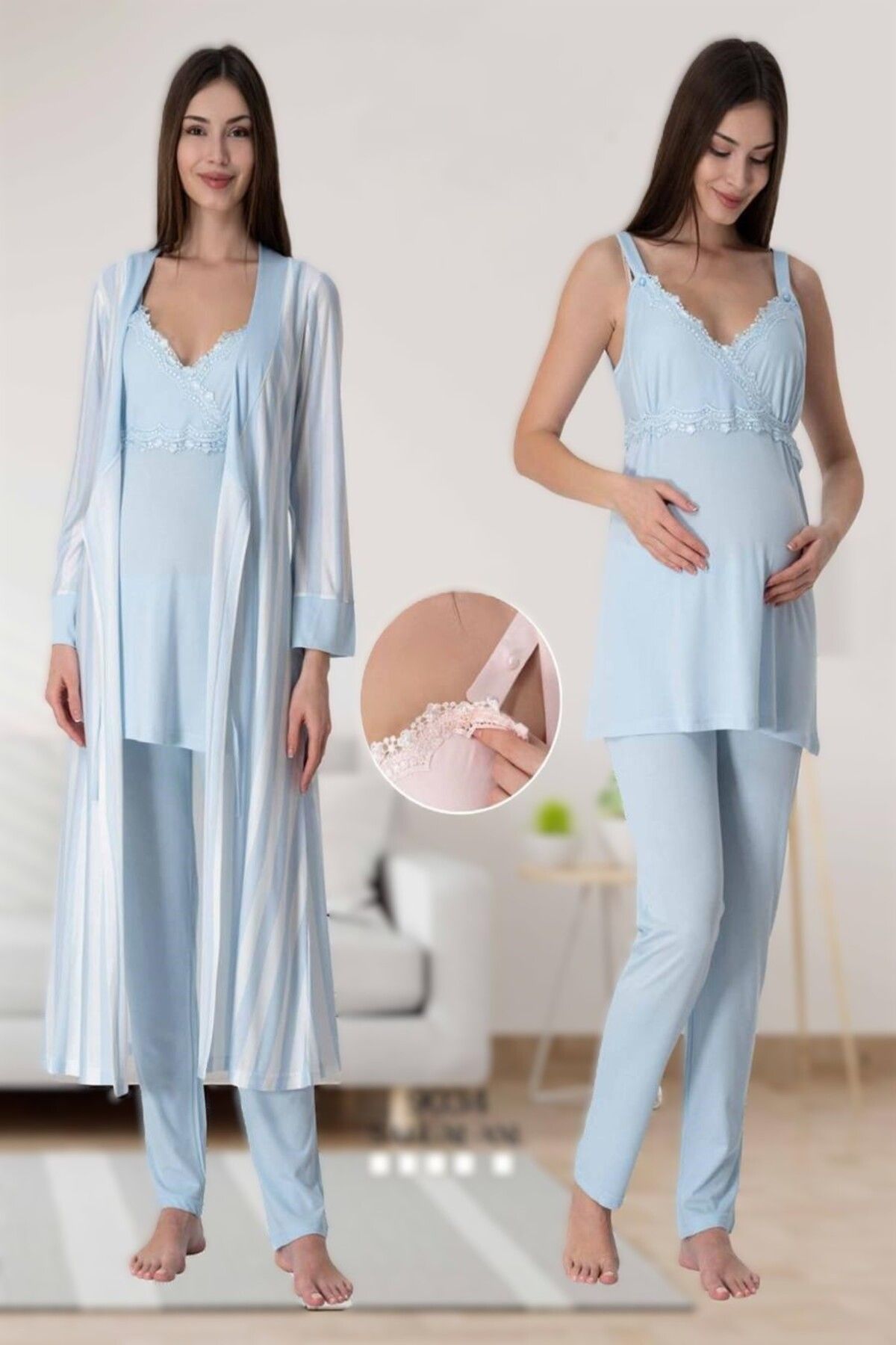 LOHOUSE-Blue Strappy Cotton Women's Maternity Pajama Set - Nightgown-Robe 4-Piece 2