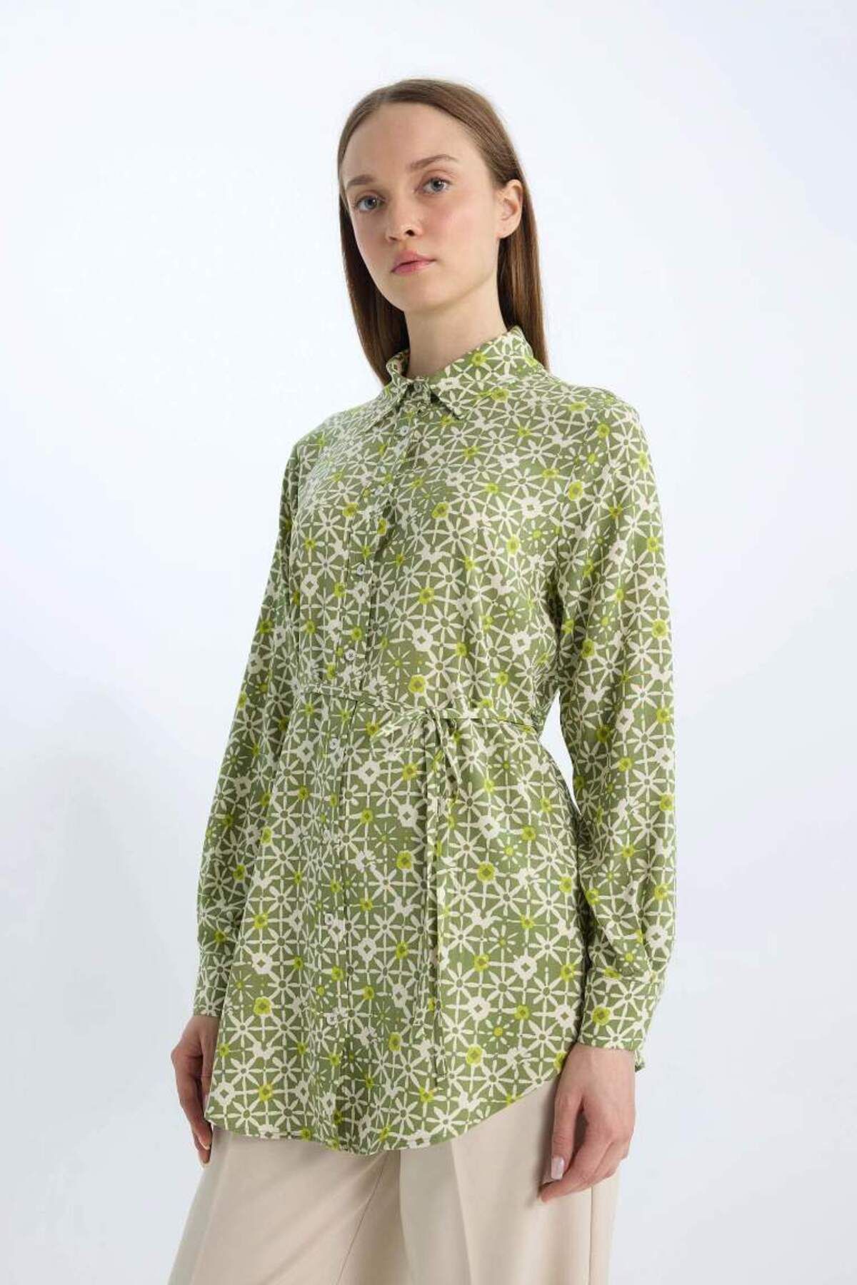 DeFacto-New Season Regular Fit Patterned Belted Long Sleeve Shirt Tunic 3