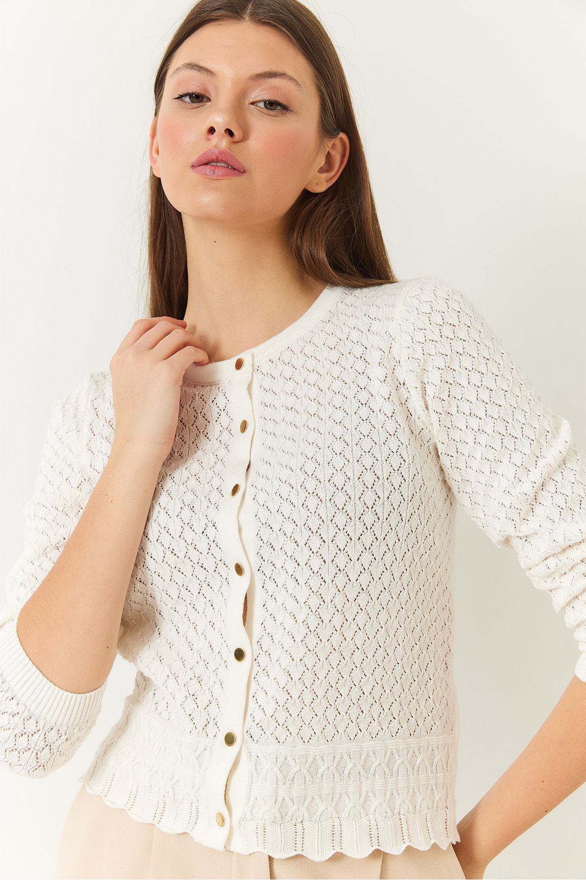 Bianco Lucci-Women's Openwork Button Closure Long Sleeve Knitwear Cardigan 60261448 3