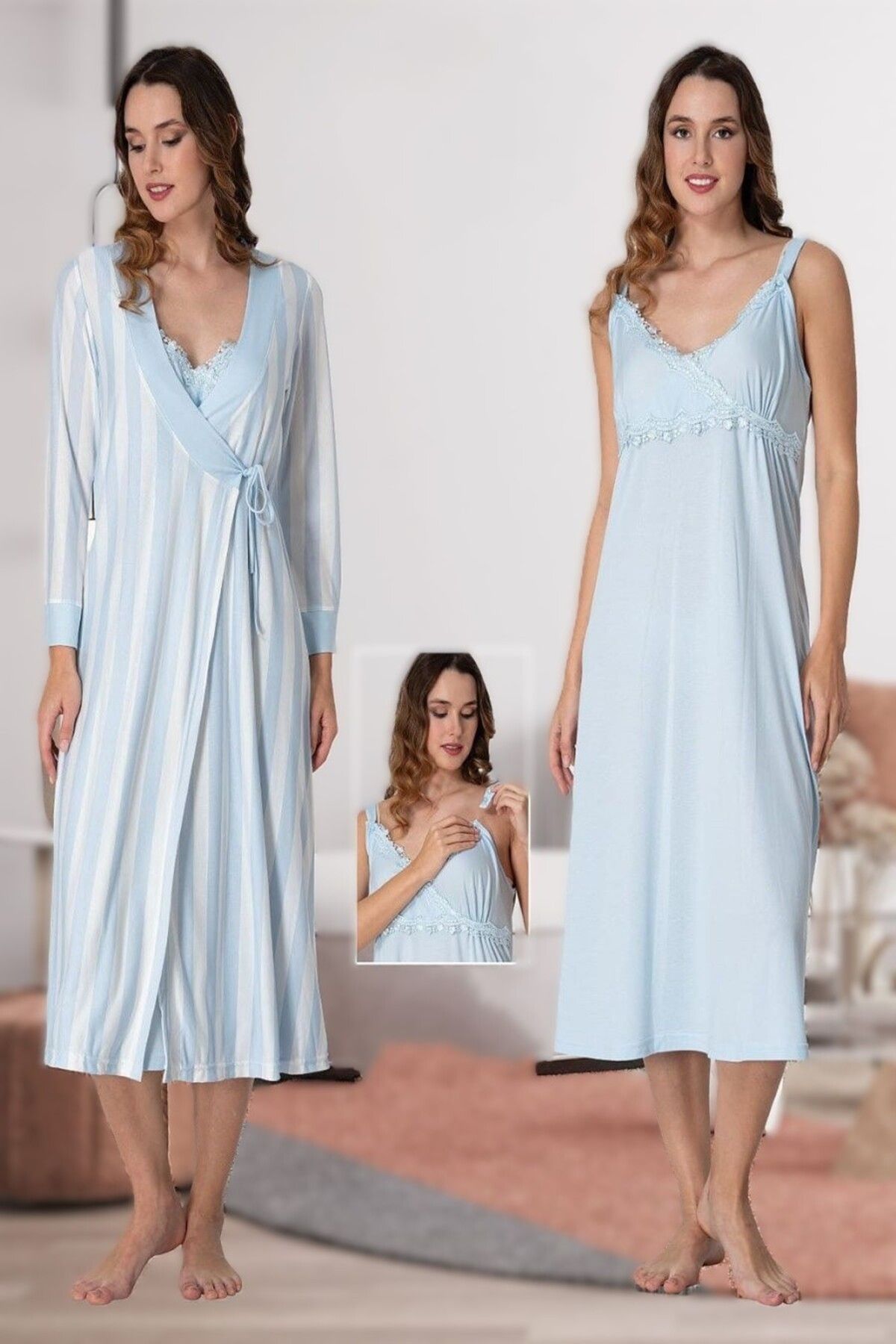 LOHOUSE-Blue Strappy Cotton Women's Maternity Pajama Set - Nightgown-Robe 4-Piece 5