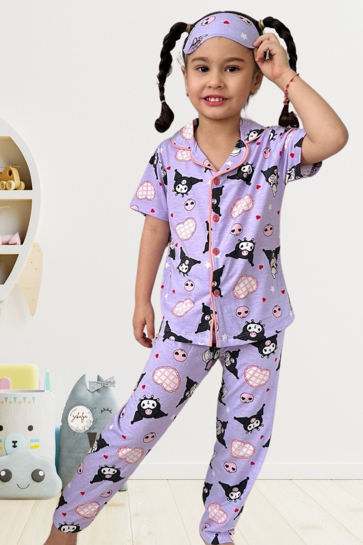 EQRU-Kuromi Girls' Shirt Collar Button Short Sleeve Summer Pajamas Set 2