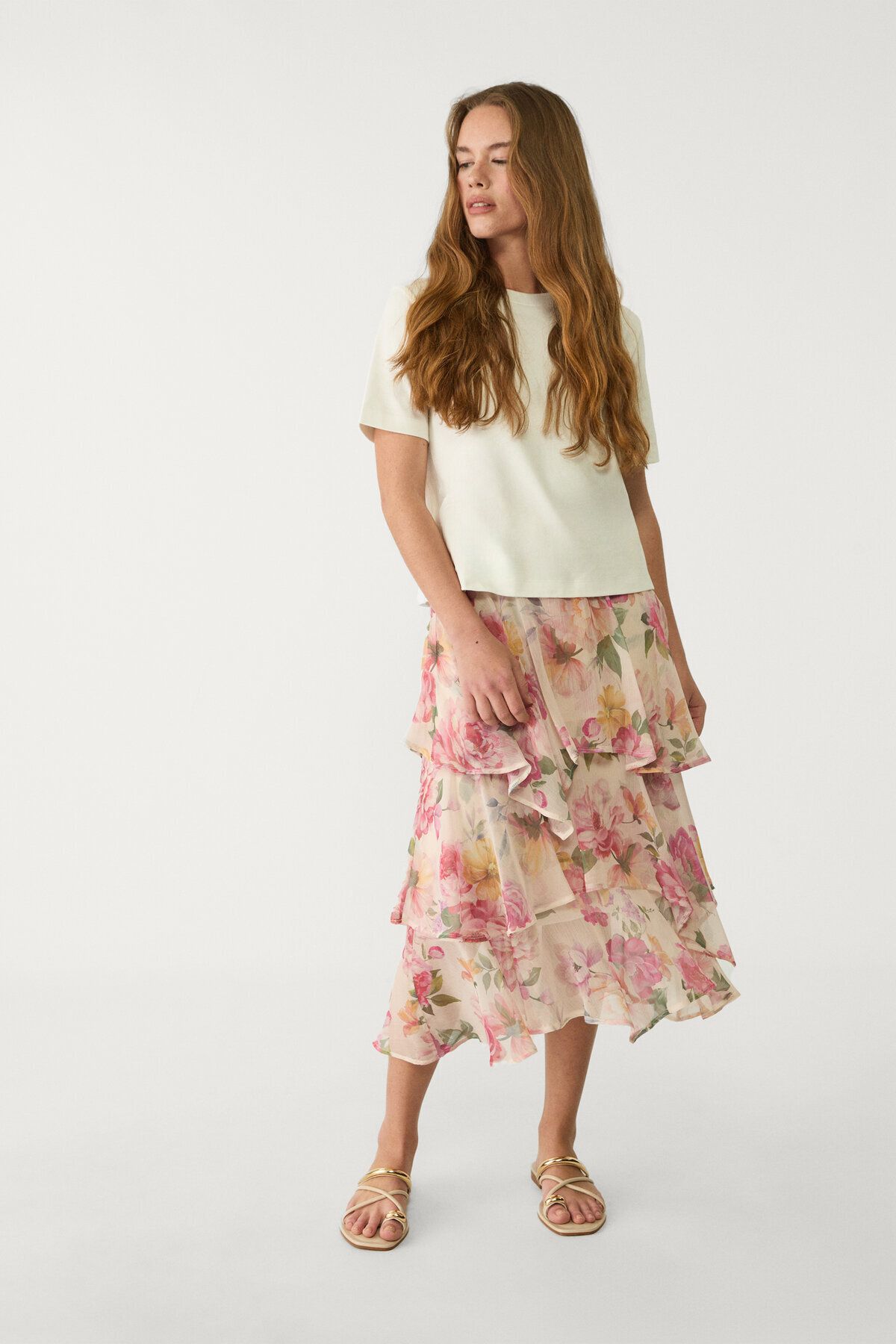 Stradivarius-Printed midi skirt with ruffles 1