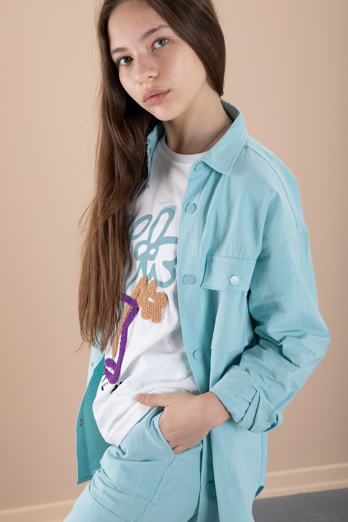 Cansın Mini-Green Girl's Floral Printed Shirt and Jogger Pants 3 Piece Set 20475 4