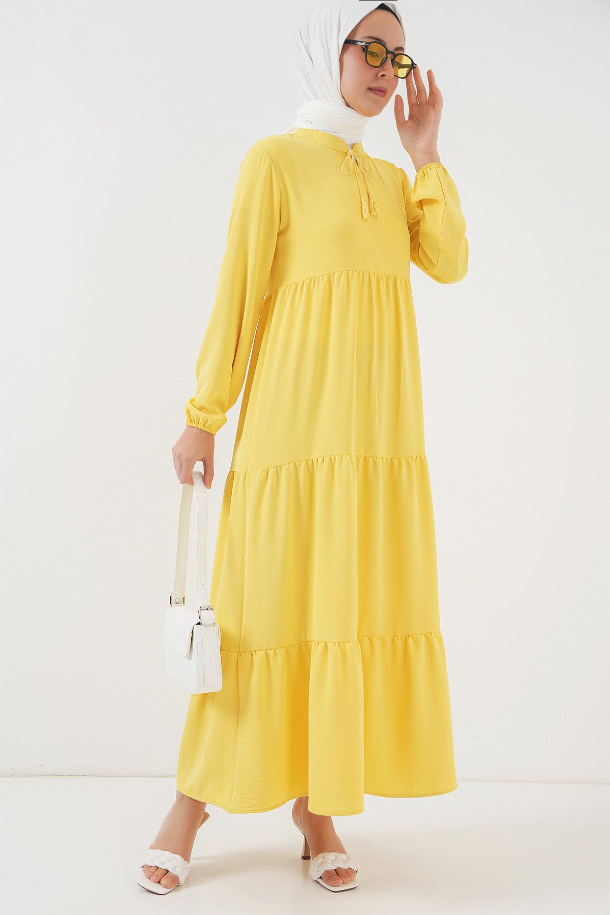 Bigdart-1627 Collar Lace-Up Hijab Dress - Lemon Yellow 3
