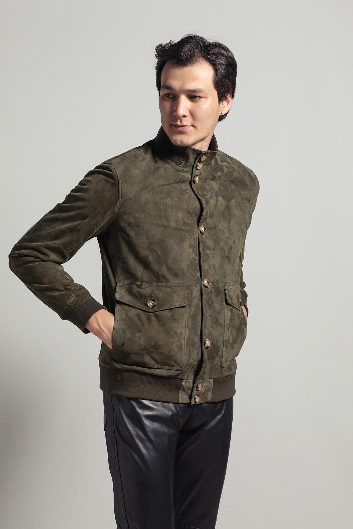 Deriderim-Green Knox Men's Buttoned Lined Waist and Sleeve Knitwear College Genuine Suede Coat 6