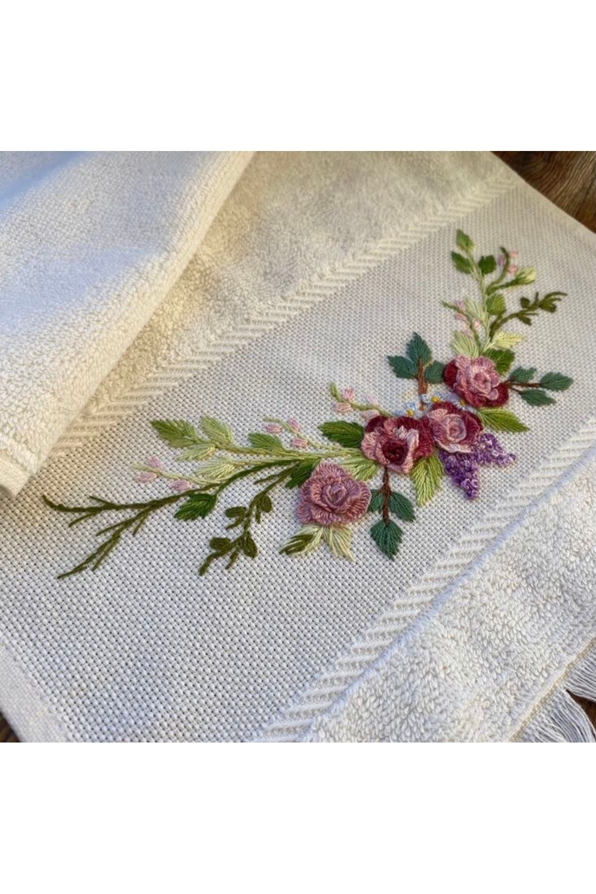 Home-Hand Embroidered Rococo Rose Detailed Kitchen Towel 30X50 1