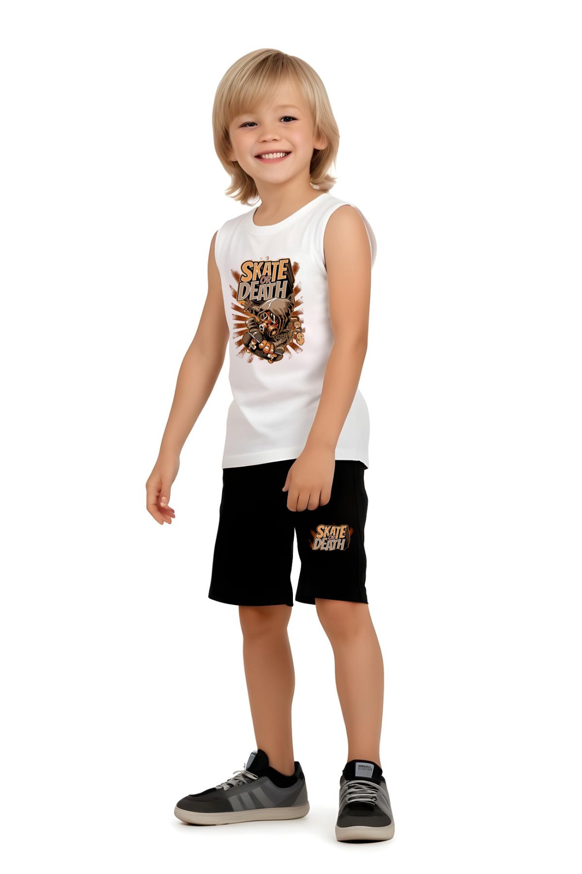 FYK COLLECTİON-Skate or Deaths Printed Boys' Suspender T-Shirt and Shorts Set Top and Bottom 1