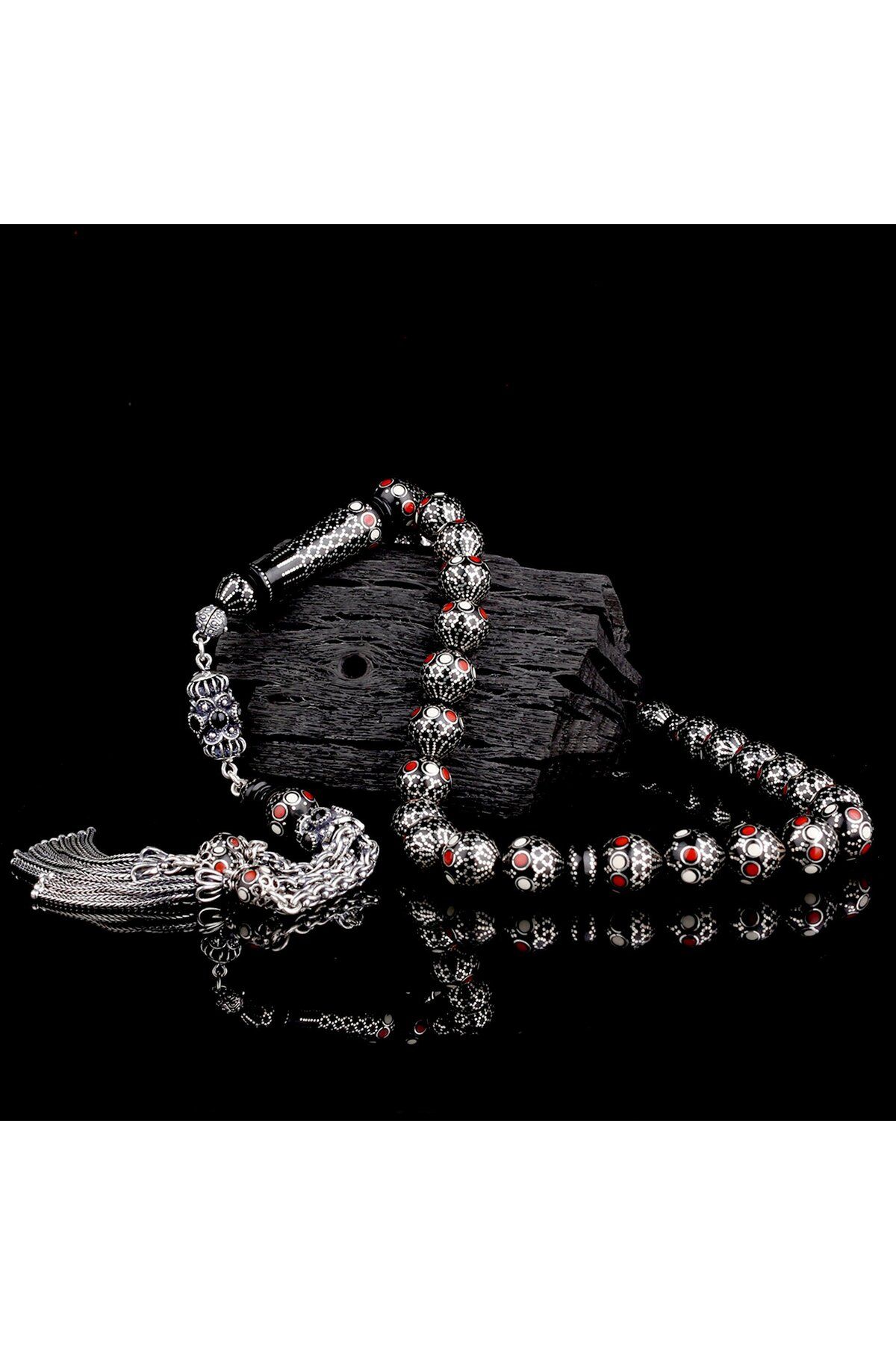 Tesbihsepetim-10.mm Silver Processing Red White Enamel Master Handcrafted Kuka Rosary 3