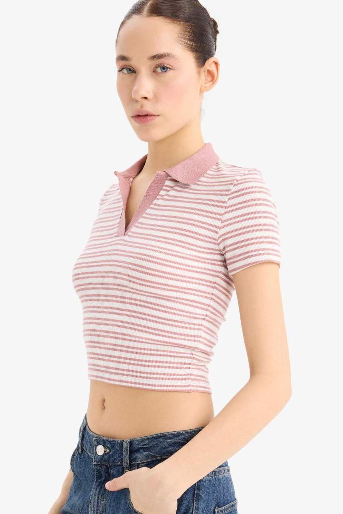 DeFacto Yeni Sezon Fitted Polo Yaka Çizgili Fitilli Kaşkorse Kısa Kollu Tişört