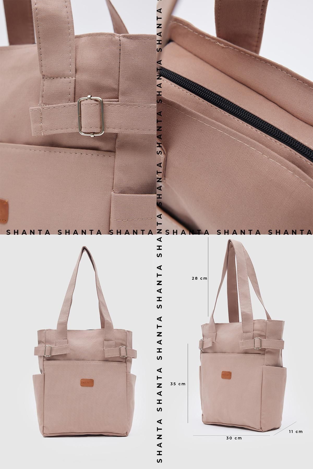 Shanta-Mink D15 Zipper Closure 2 Side and Front Pockets Belt Detailed Canvas Women's Shoulder Bag 5
