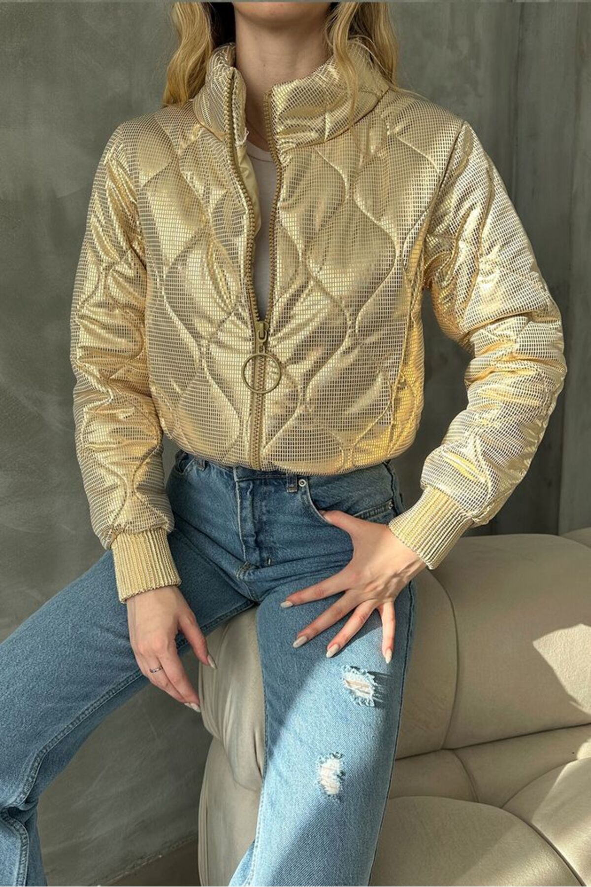 VERYMODA Fermuarlı Parlak Mont - Gold | | F1625 görsel 4