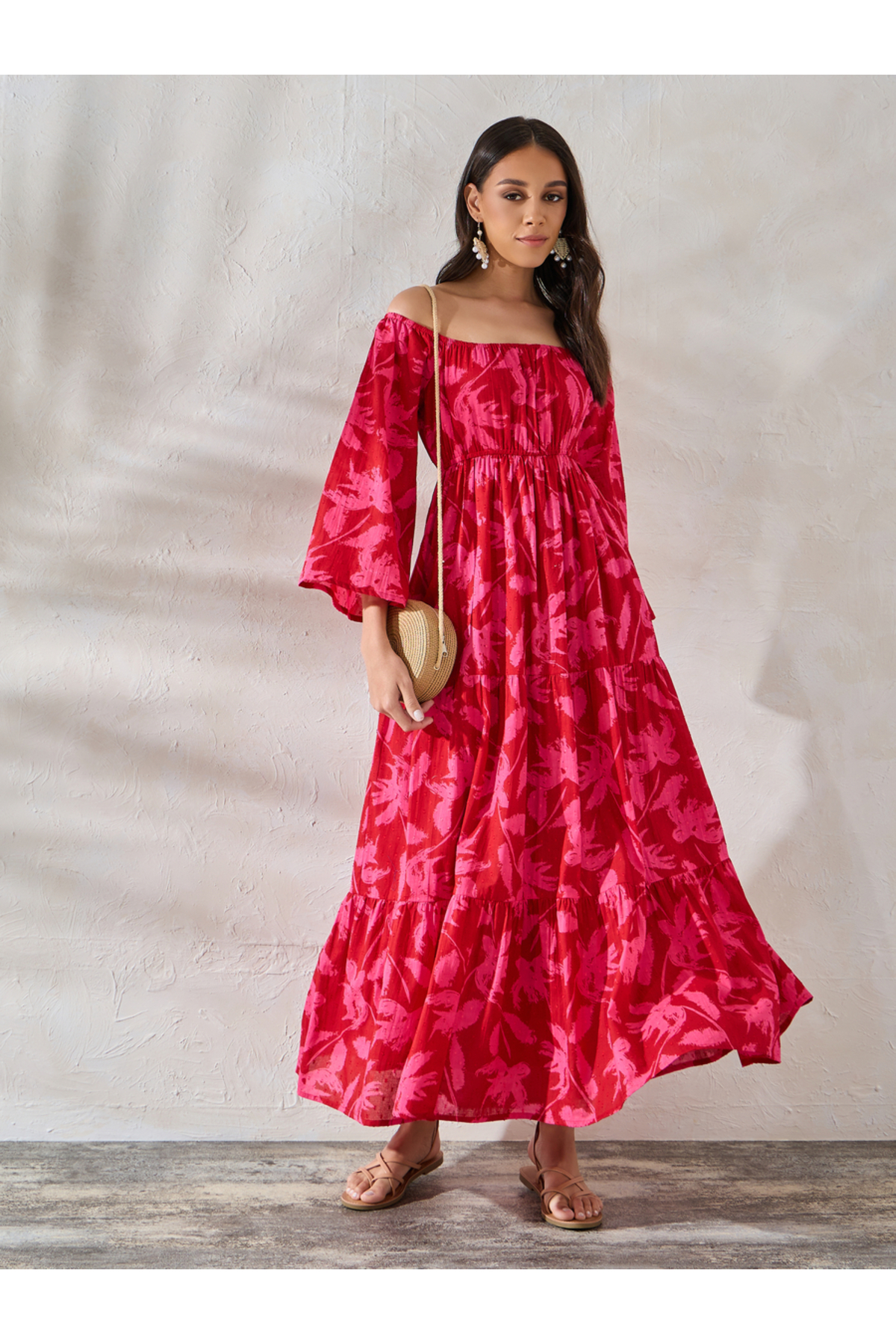 Styli Off Shoulder Neck Floral Tiered Maxi Dress