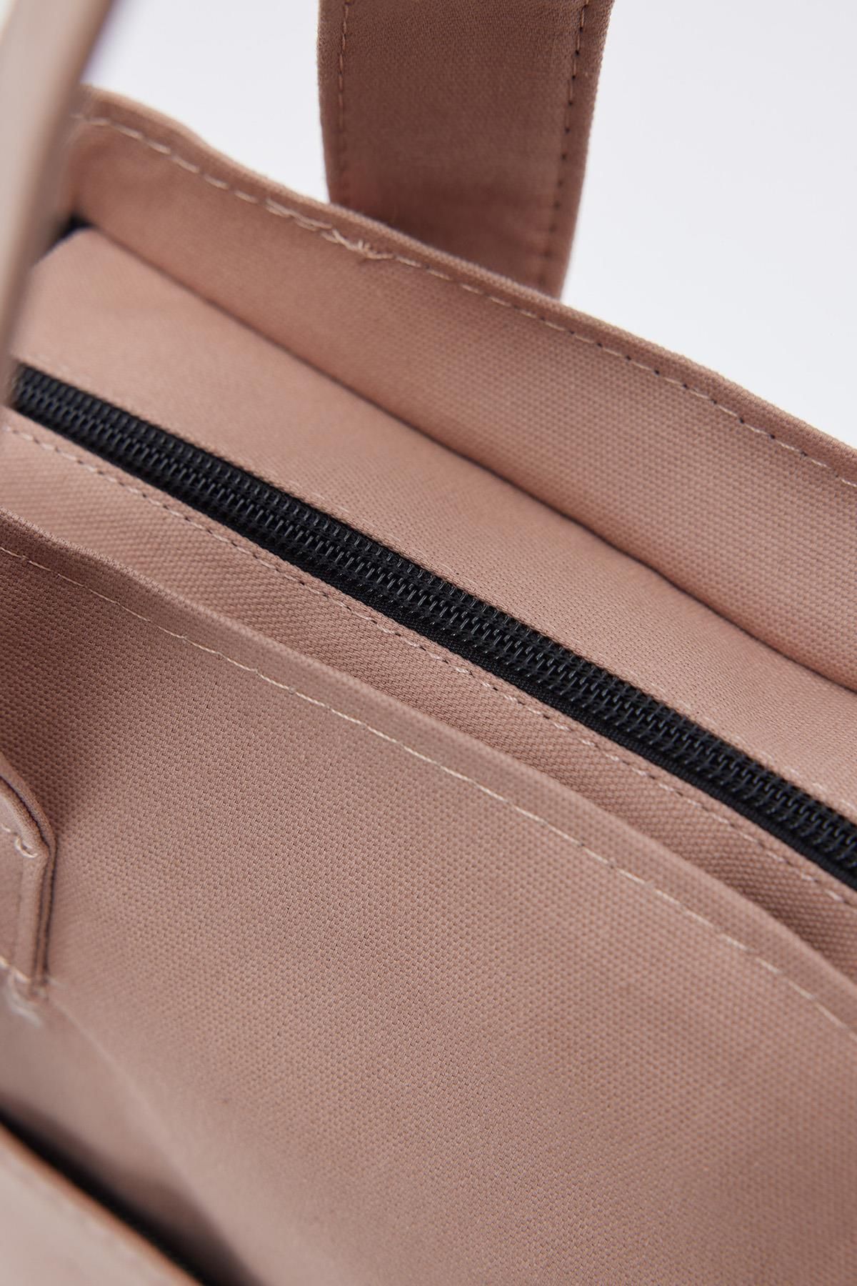 Shanta-Mink D15 Zipper Closure 2 Side and Front Pockets Belt Detailed Canvas Women's Shoulder Bag 4