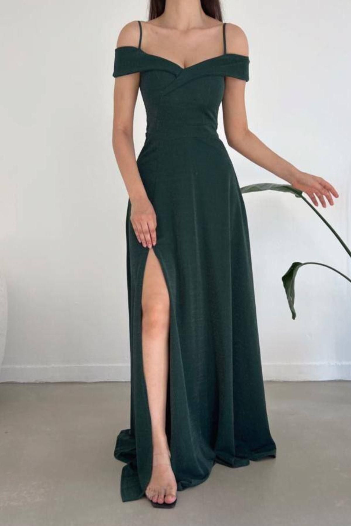 Mossta-Green Short Strap Slit Long Evening Dress 2