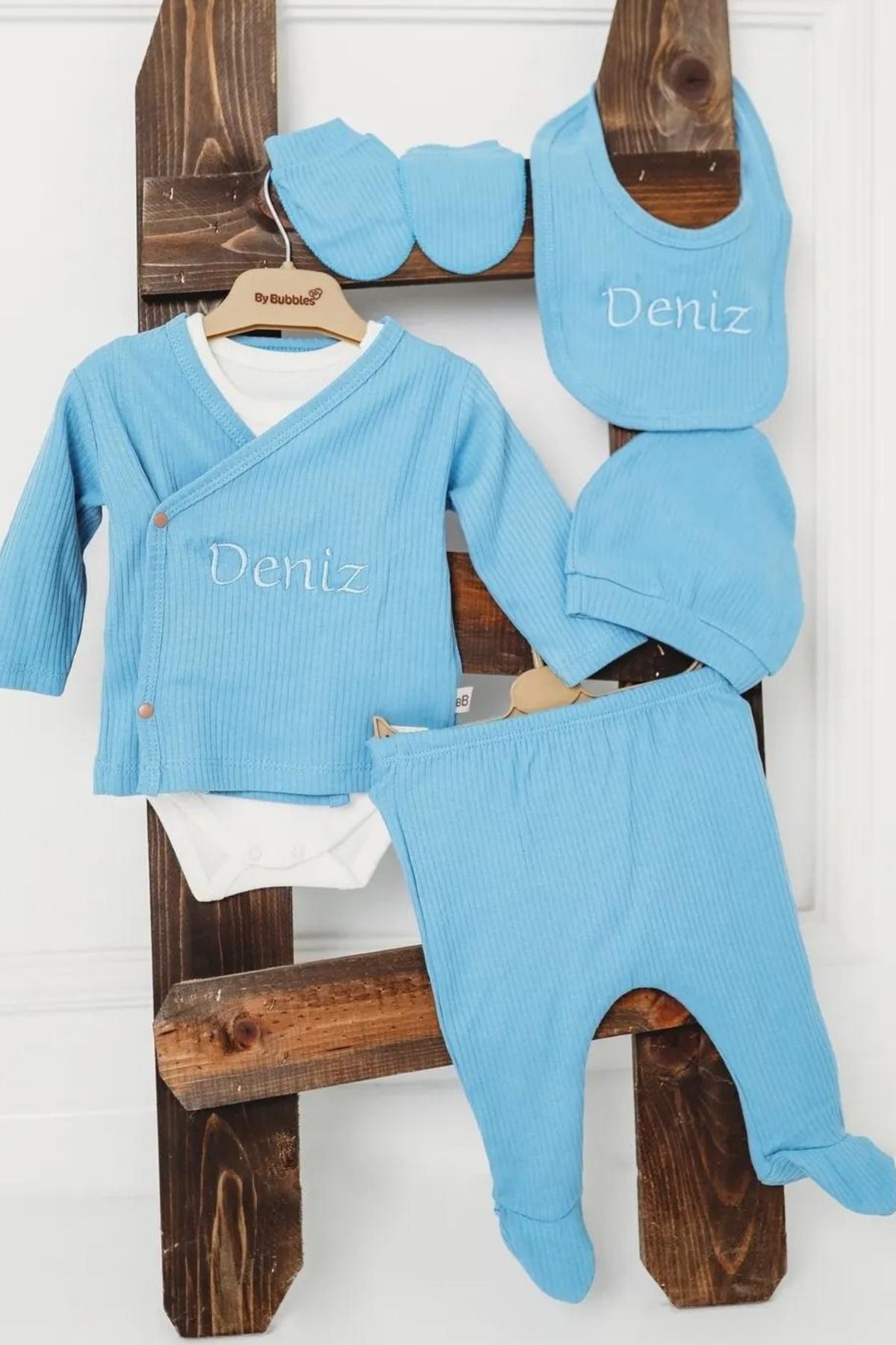 tinykiddesign Zıbın Seti Yeni Doğan Bebek Zıbın Seti 6 Parça Mavi Istediğiniz Ismi Nakışla Yazıyoruz fotoğrafı 3 (önizleme)