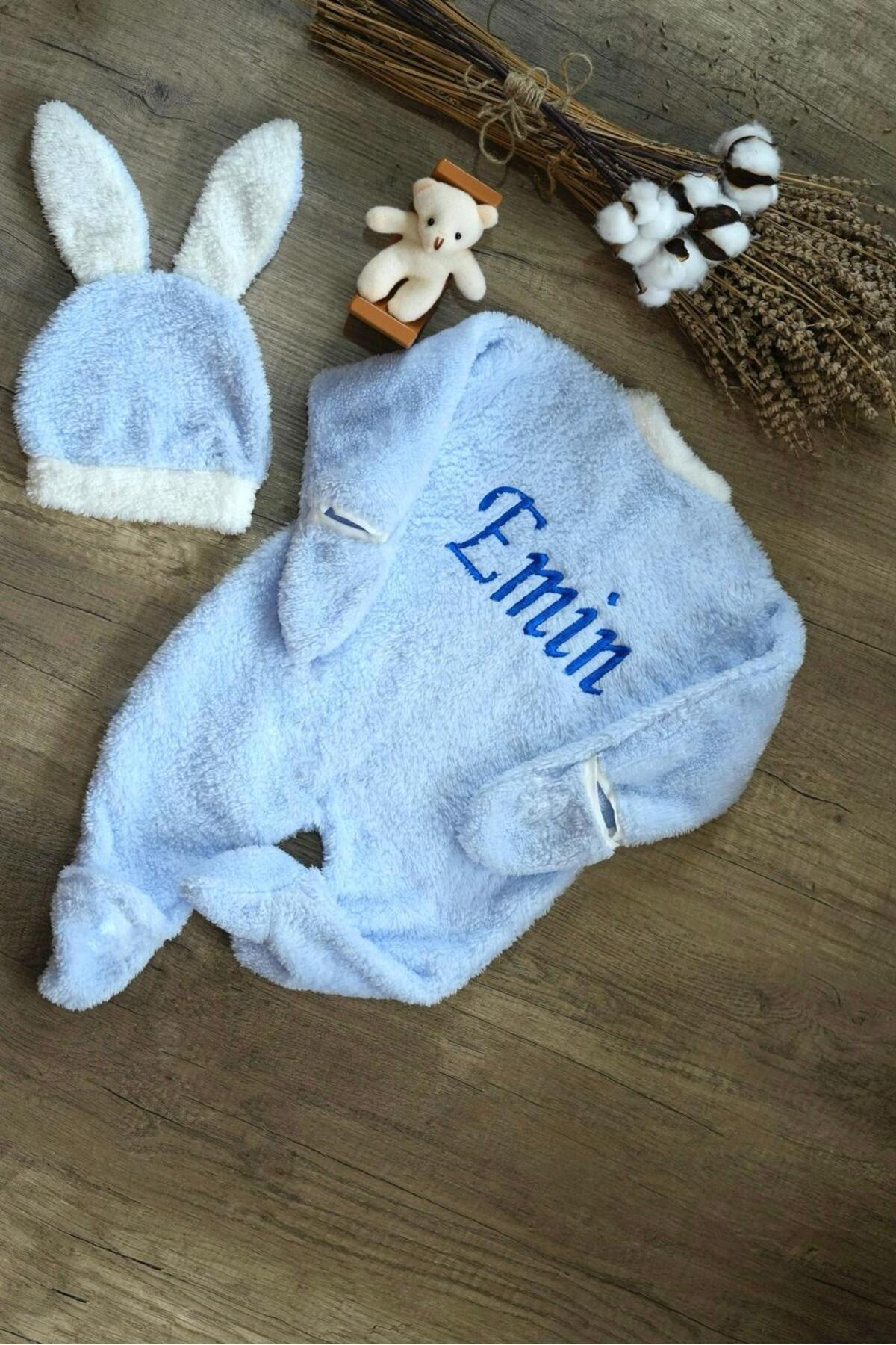 tinykiddesign Bebek Welsoft Tavşan Kulaklı Tulum Ve Şapka Yumuşak Tulum Kişiye Özel Isimli Nakışlı fotoğrafı 5 (önizleme)