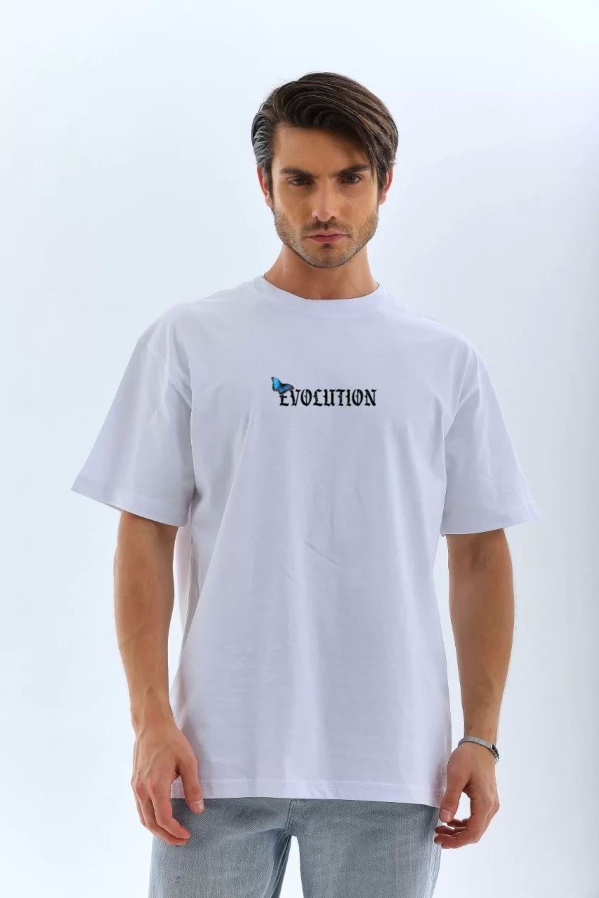 CVS Unisex Bisiklet Yaka Baskılı Oversize T-Shirt - Beyaz
