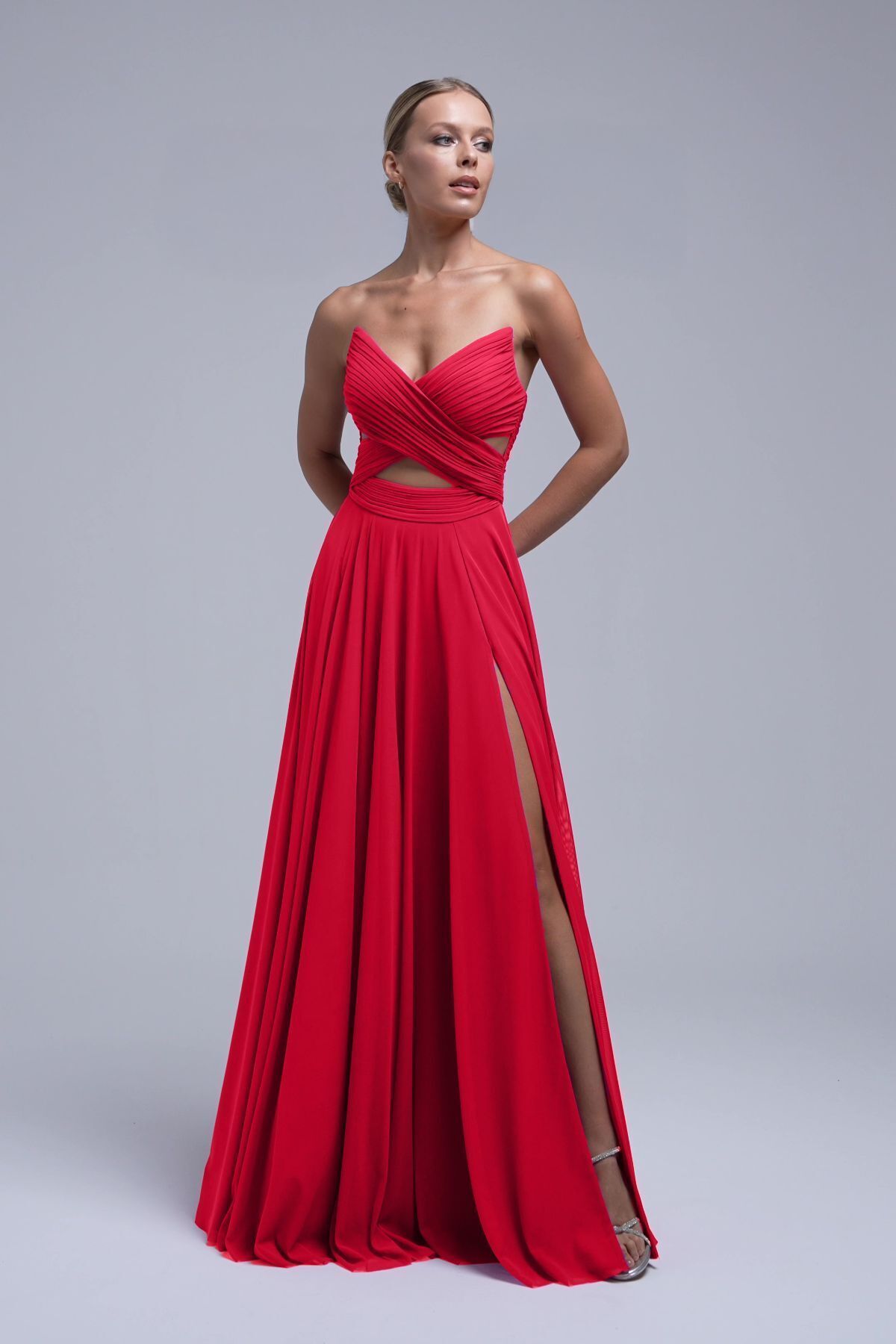 ŞEREF VURAL-Strapless Red Draped Low-Cut Waist Evening Dress - 59 1