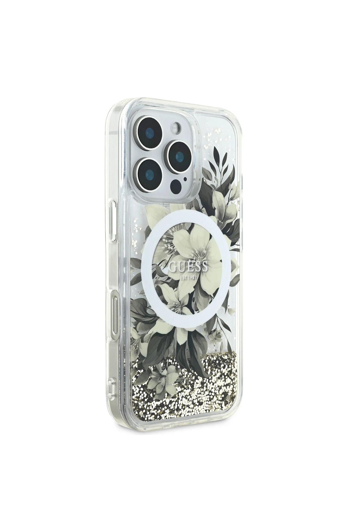 CG Mobile-Guess Magsafe Liquid Glitter Hard Case With Flower Design For iPhone 16 Pro Max - B 3