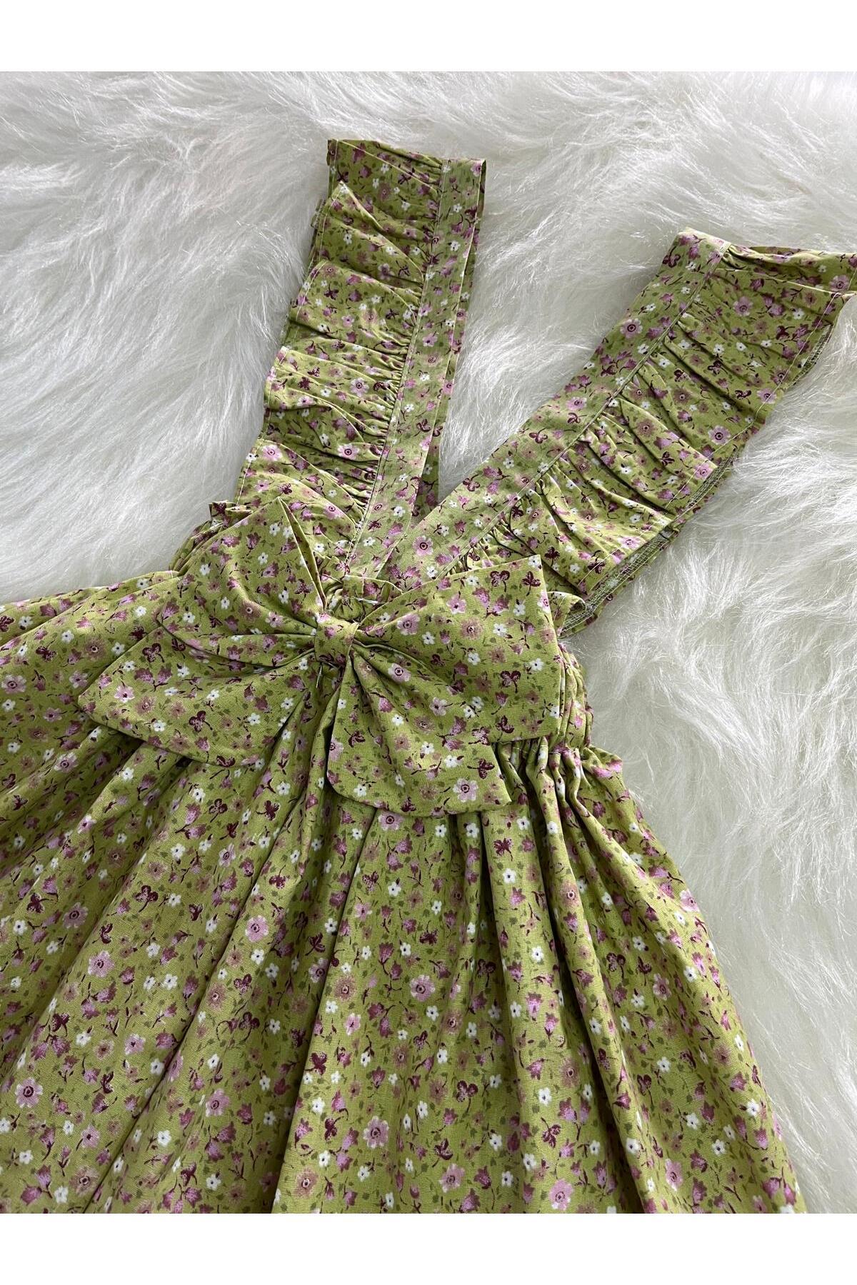 Eylülce Butik KIZ ÇOCUK YEŞİL ÇİÇEKLİ FİYONKLU FIRFIR ASKILI SALOPET ELBİSE  (%100 PAMUK KUMAŞTAN ÜRETİLMİŞTİR.) fotoğrafı 3 (önizleme)