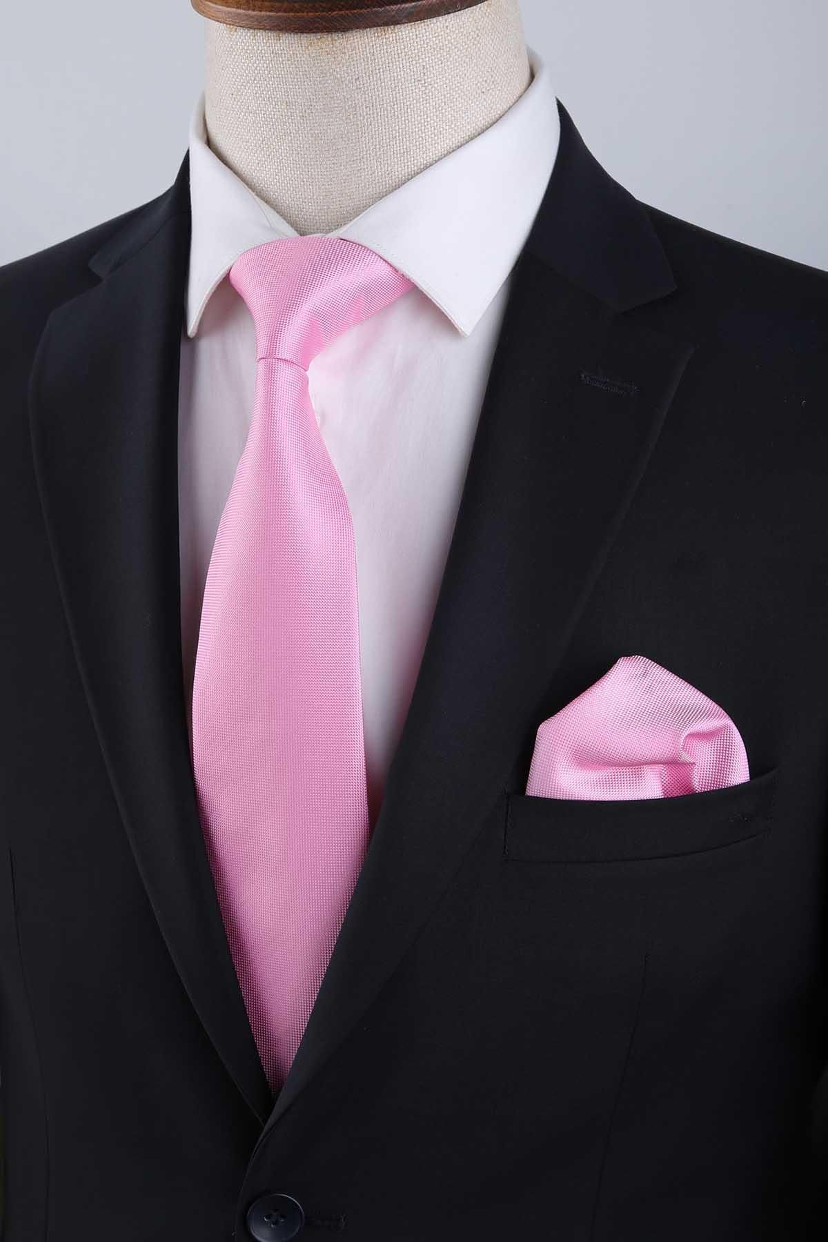 Kravatkolik-Classic Tie with Pink Plain Handkerchief Kk13160 2