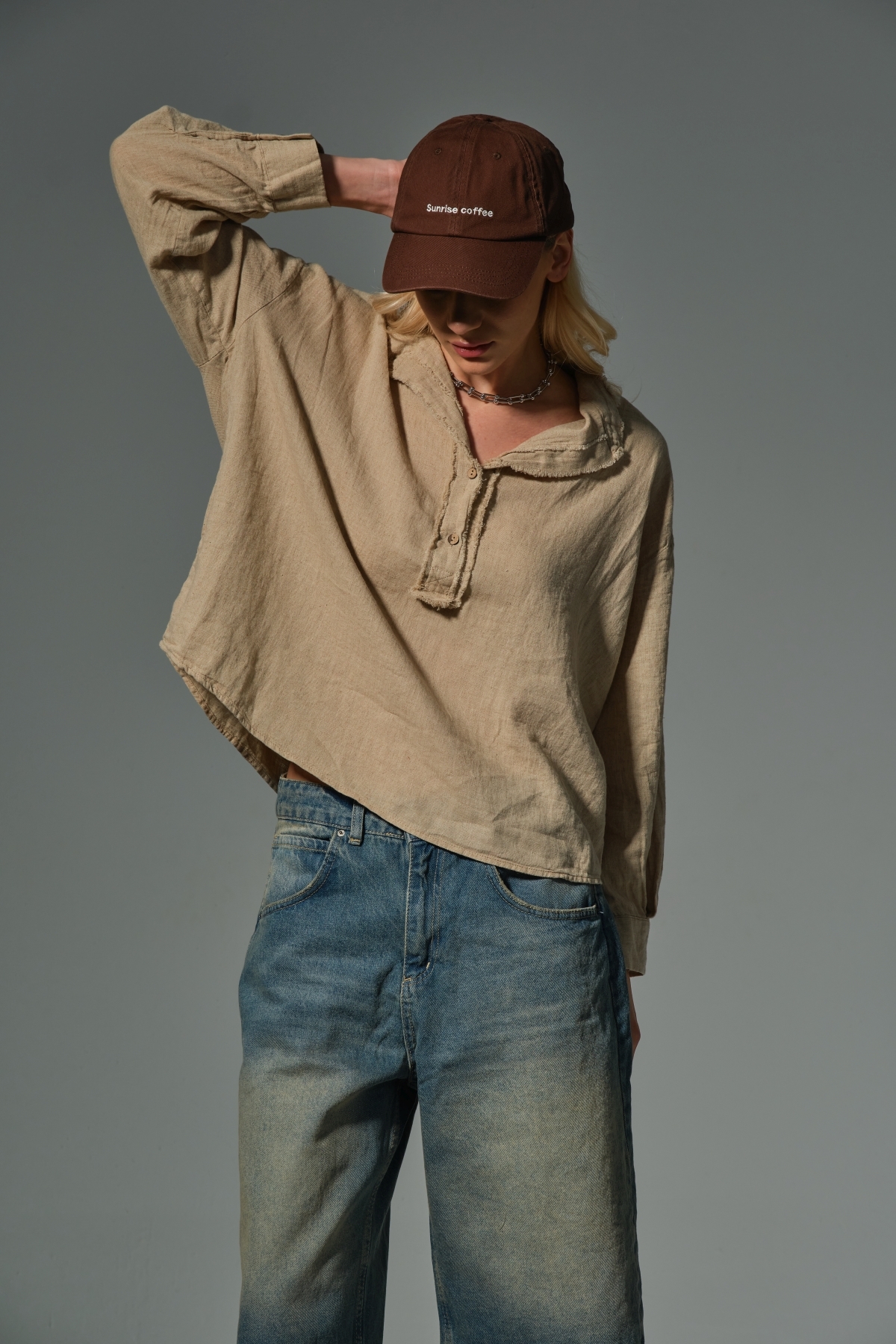 Maule  Bej Pamuk Keten Yarım Pat Pis Dikiş Hakim Yaka Katlanabilir Uzun Kol Kadın Gömlek #viana - Görsel 2