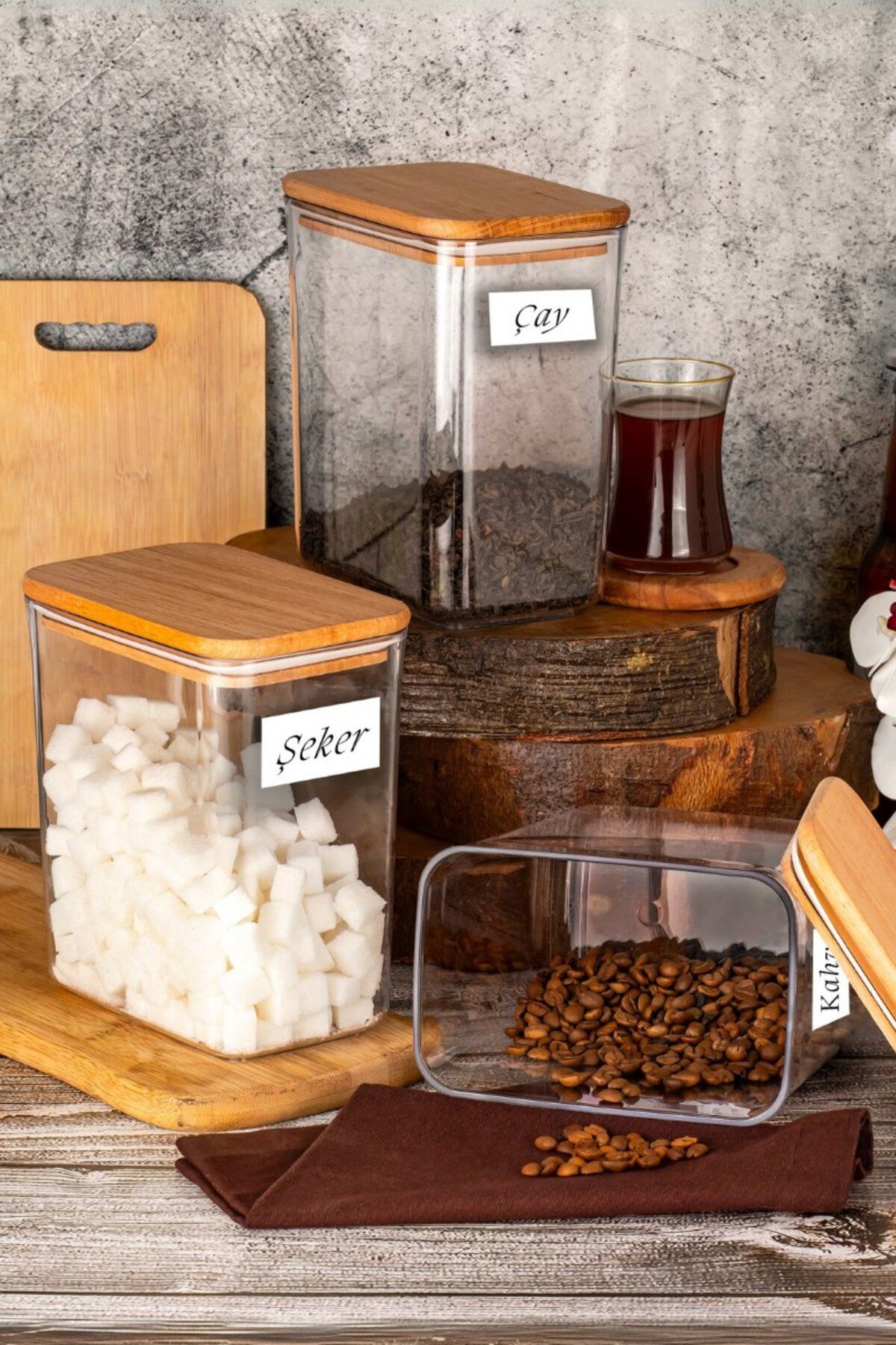 Comprox-Set of 3 Rectangular Vacuum Wooden Storage Containers with Lids |   Tea, Sugar, Coffee Container Set (2200Mlx3Adet 2
