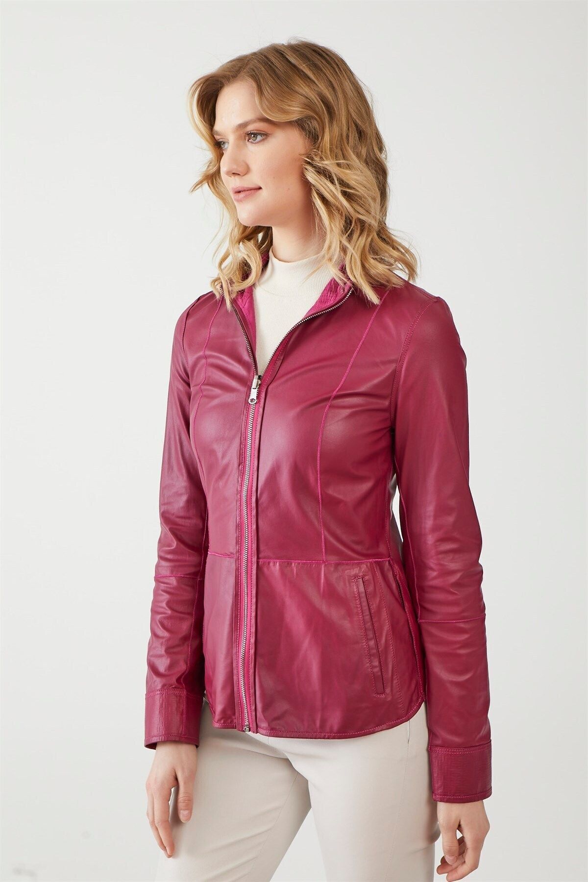 Deriderim-Aisha Dark Pink Women's Double-Sided Genuine Leather Coat 6