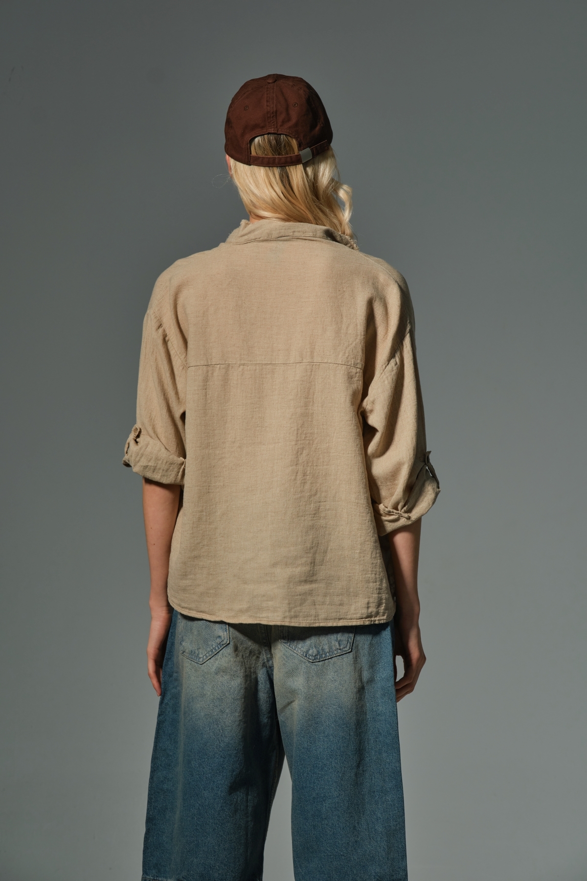 Maule  Bej Pamuk Keten Yarım Pat Pis Dikiş Hakim Yaka Katlanabilir Uzun Kol Kadın Gömlek #viana - Görsel 7