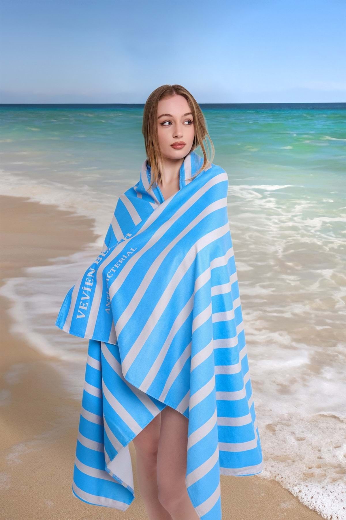 VEVİEN HOME-100X180 cm Dimensions Line Digital Printed Blue Beach Towel - Followed by Bag 3