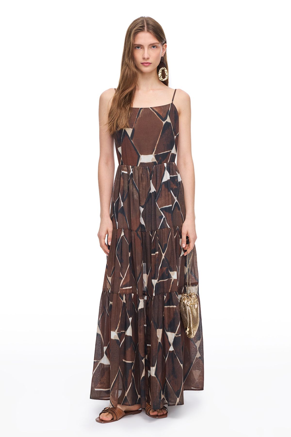 Perspective-Brown Ledas Comfortable Fit Geometric Long Length Dress 2