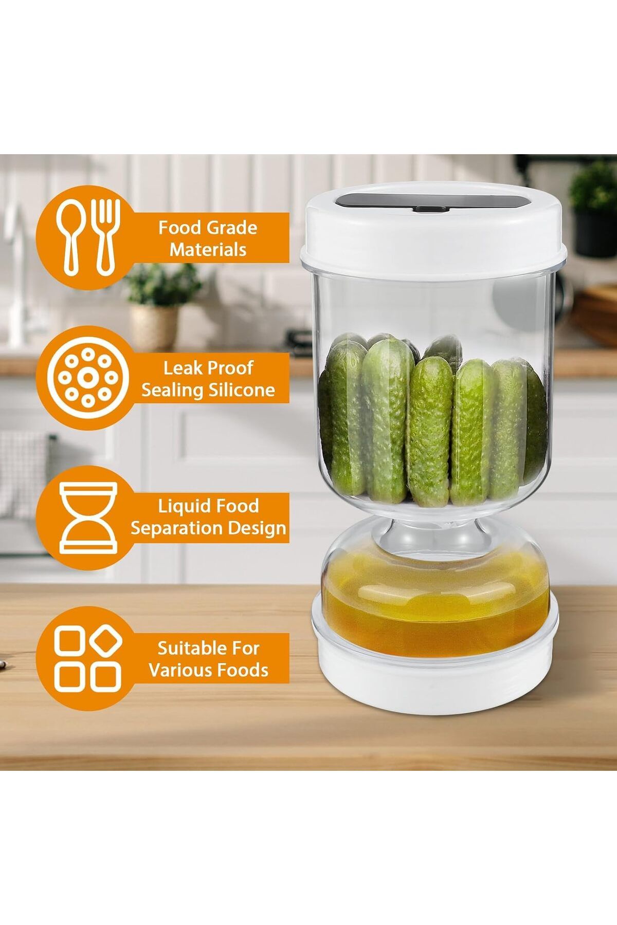 COOYA-Pickle Container,with Strainer, Wet And Dry Separation Pickle and Olive Jar,with Fork Leakproof 3