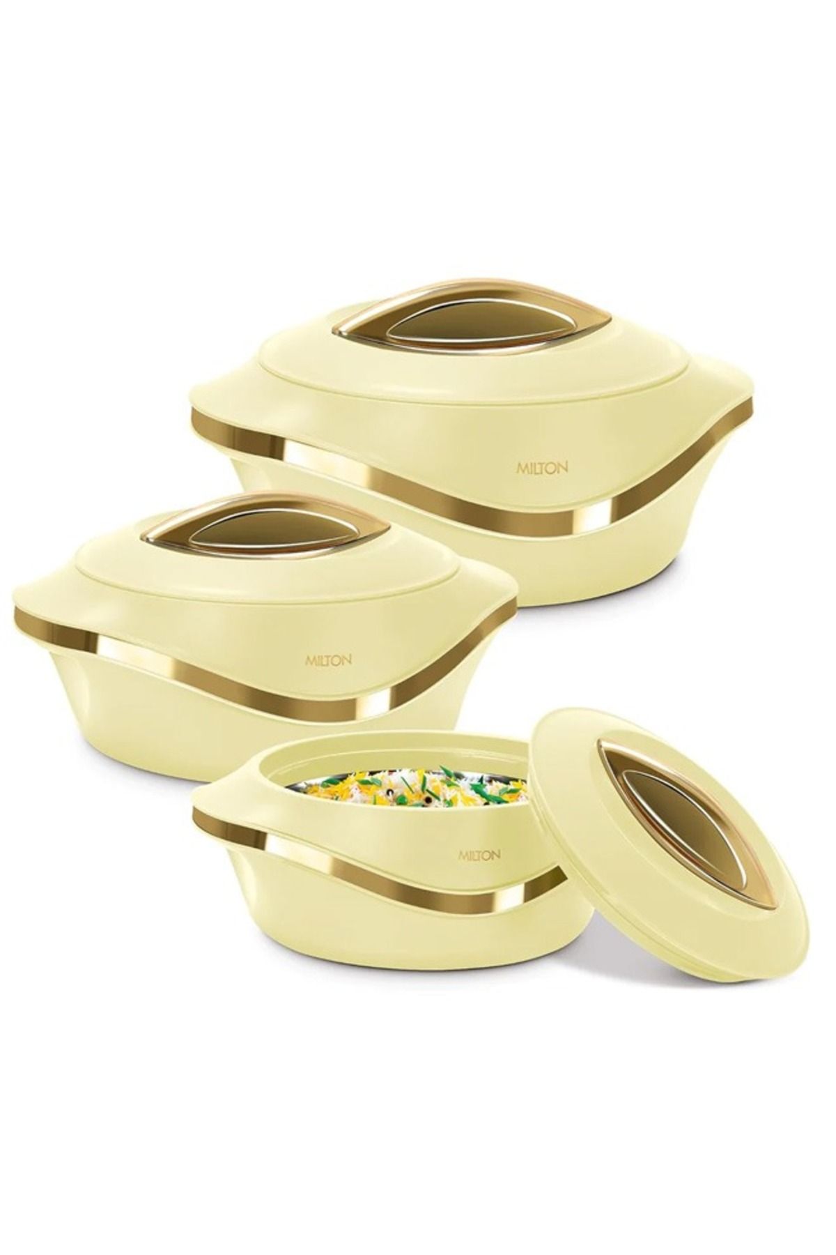 Milton-Set of 3 Inner Stainless Steel Hotpot  1000 ml, 1500 ml, 2500 ml,) Beige/Gold 1